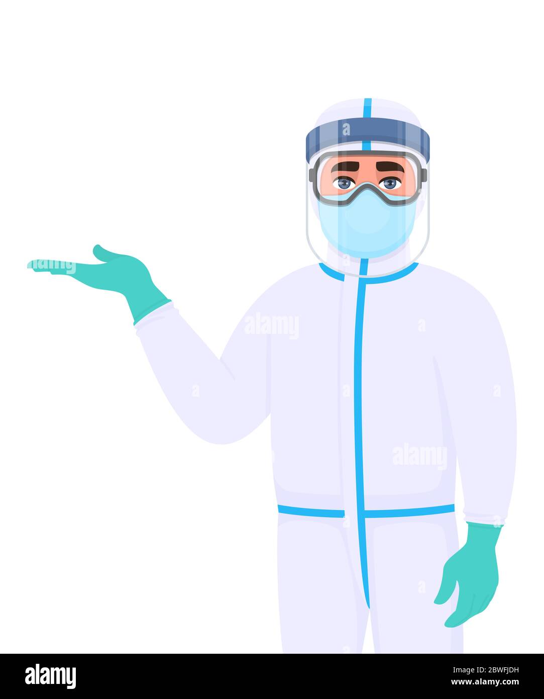 Médecin en costume de protection présentant la main à l'espace de copie. Personnel médical portant un EPI avec écran facial, gants en latex et geste de pointage. Médecin Illustration de Vecteur