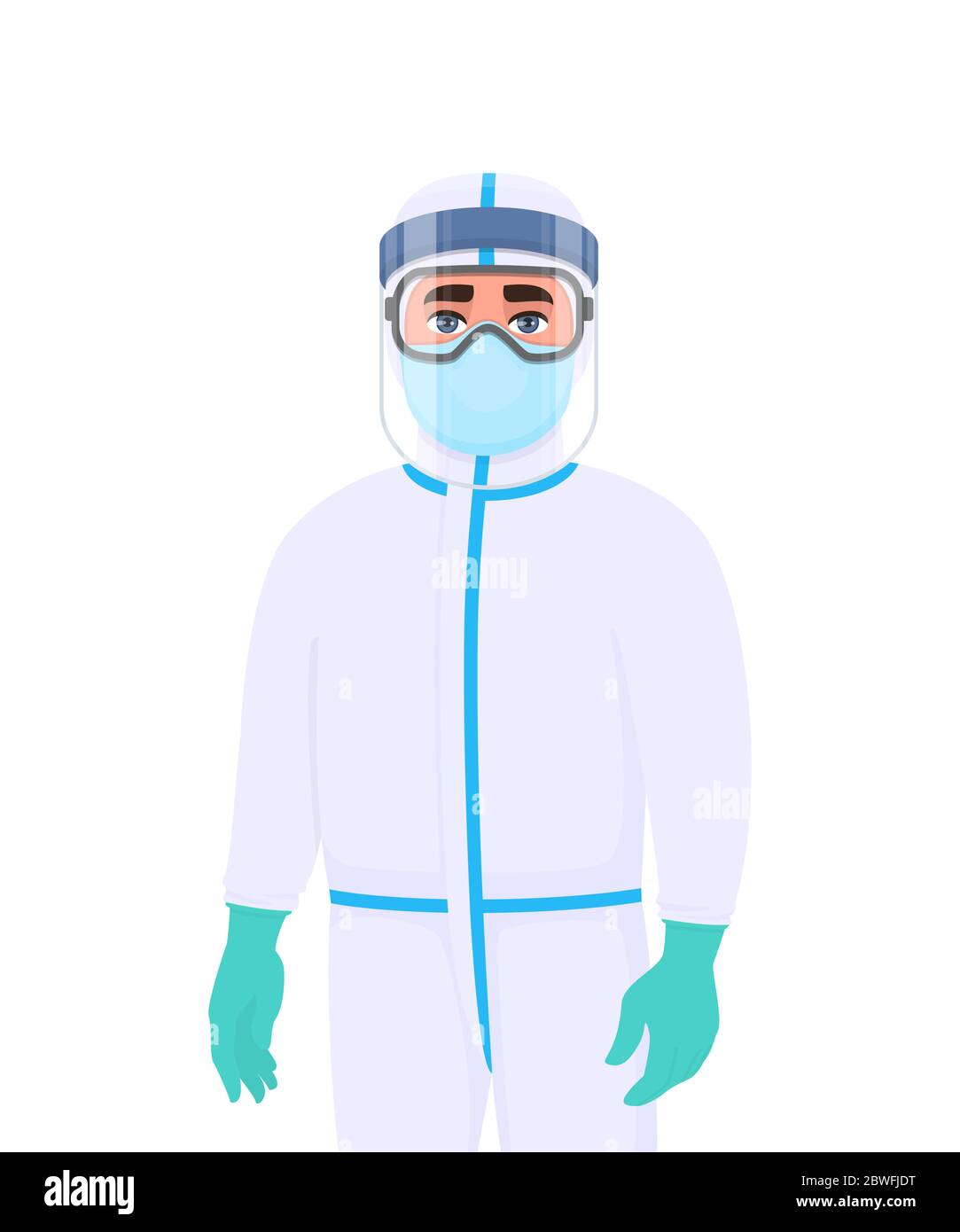Médecin en costume de protection et respirateur. Personnel médical ou chirurgien portant un EPI avec écran facial, gants en latex. Médecin couvrant avec masque, lunettes. Illustration de Vecteur