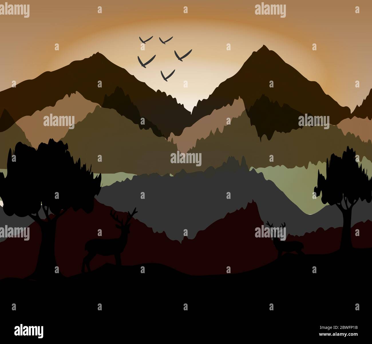 Forêt dans la lumière du soir et silhouette noire Illustration de Vecteur