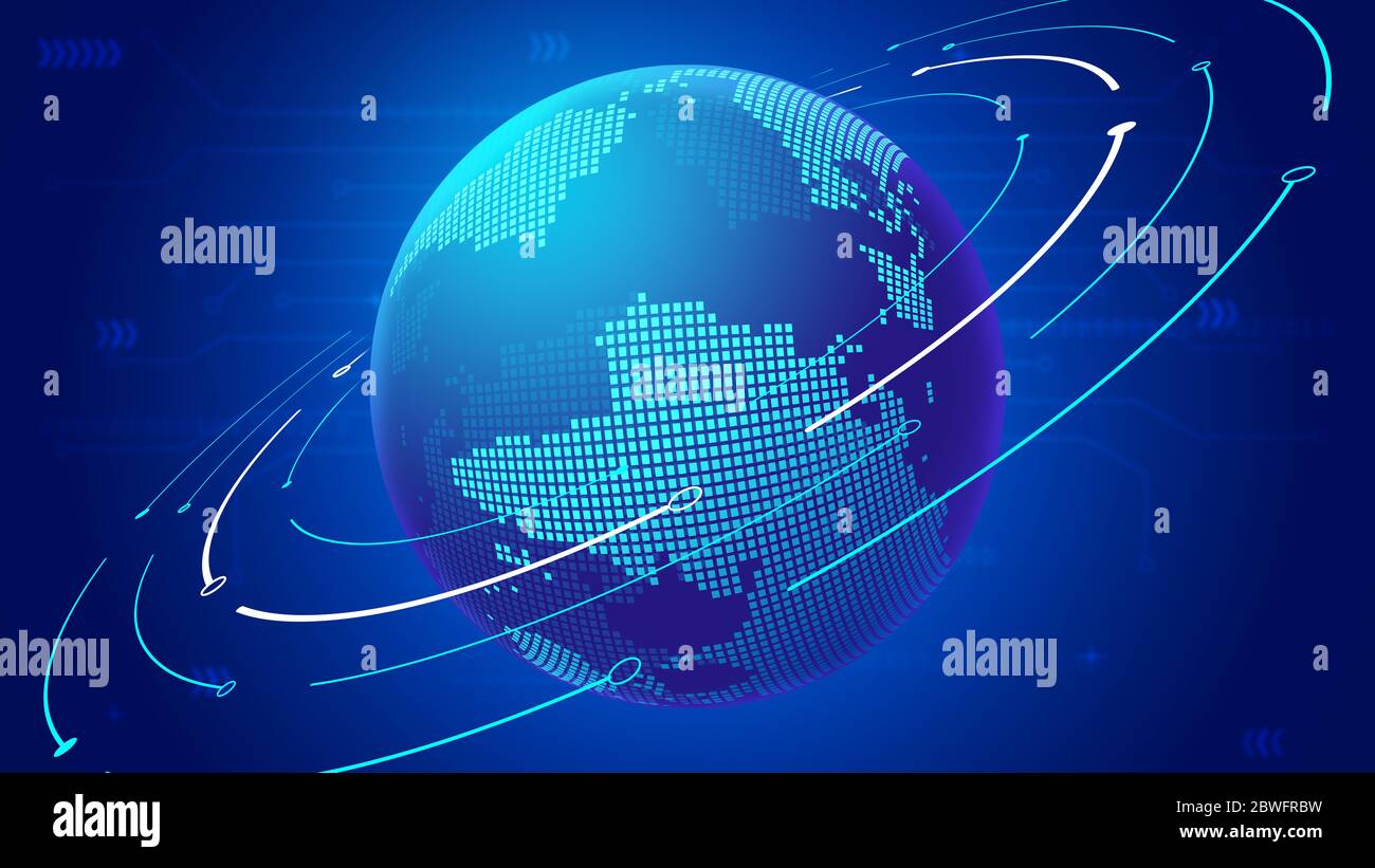 Connexion en ligne pointillée avec piste de mouvement numérique terrestre et orbitale, arrière-plan créatif de la technologie Internet. Banque D'Images