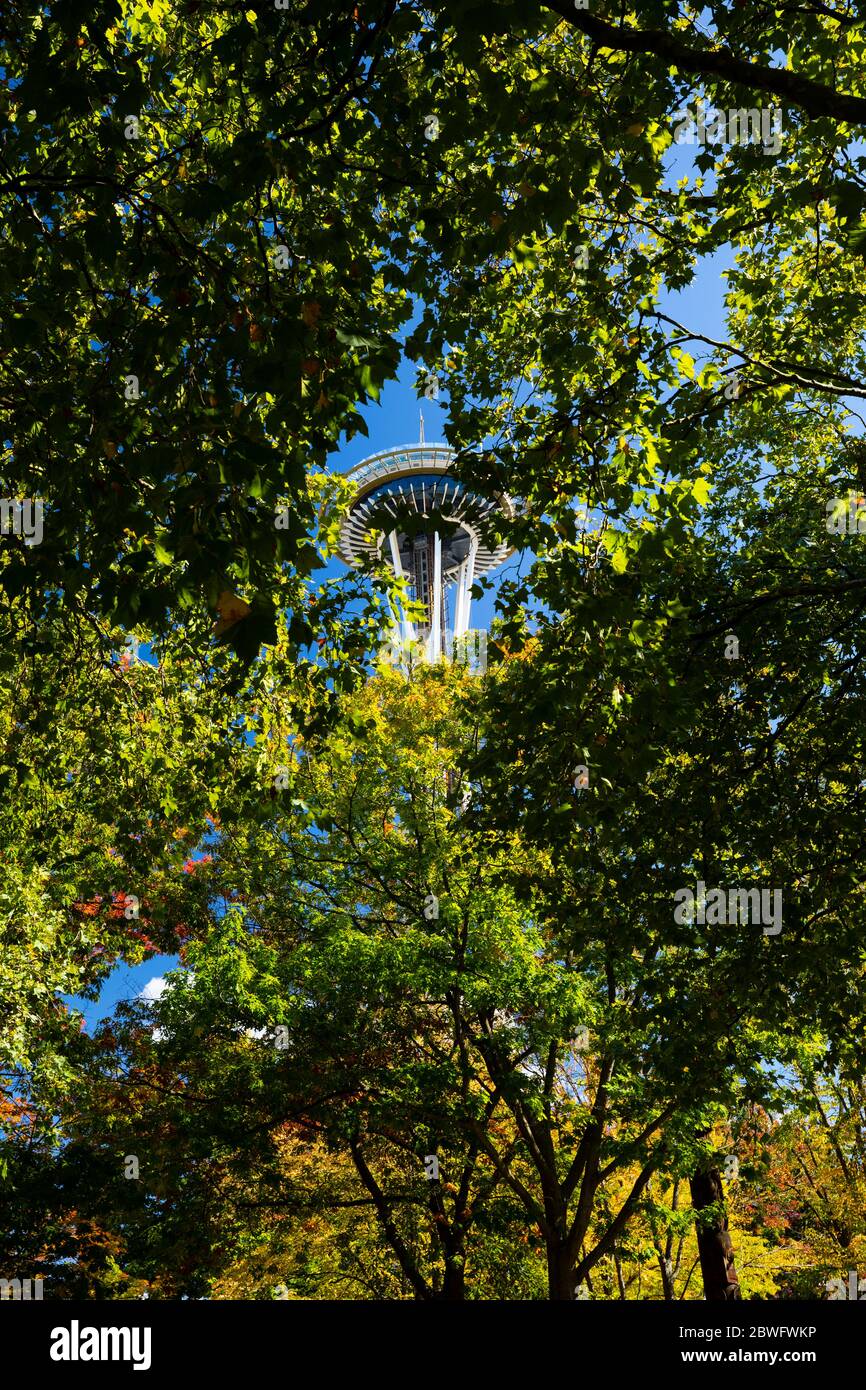 Green Trees Against Space Needle, Seattle, Washington, États-Unis Banque D'Images