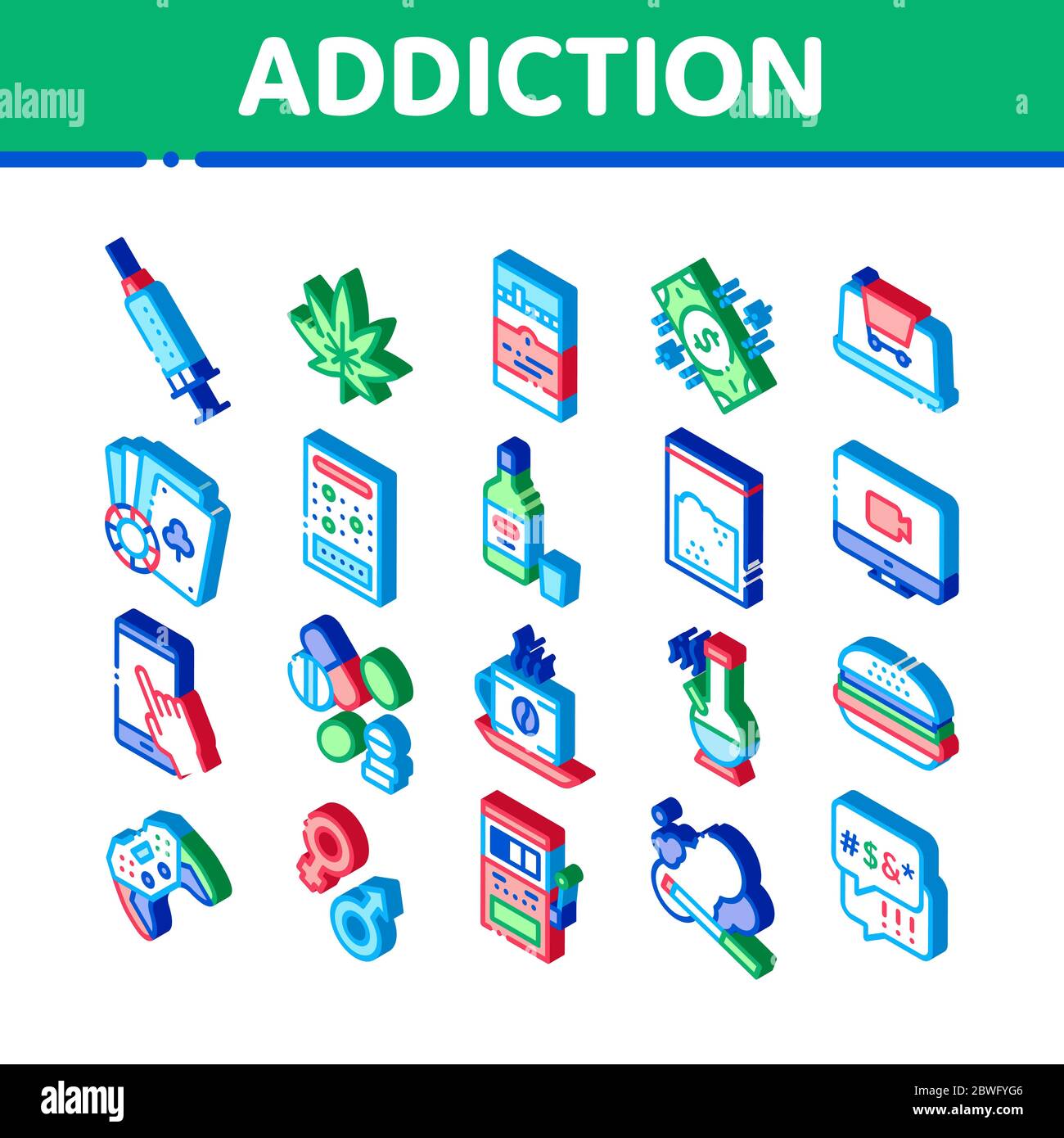 Dépendance mauvaises habitudes Isométrique icônes définir le vecteur Illustration de Vecteur
