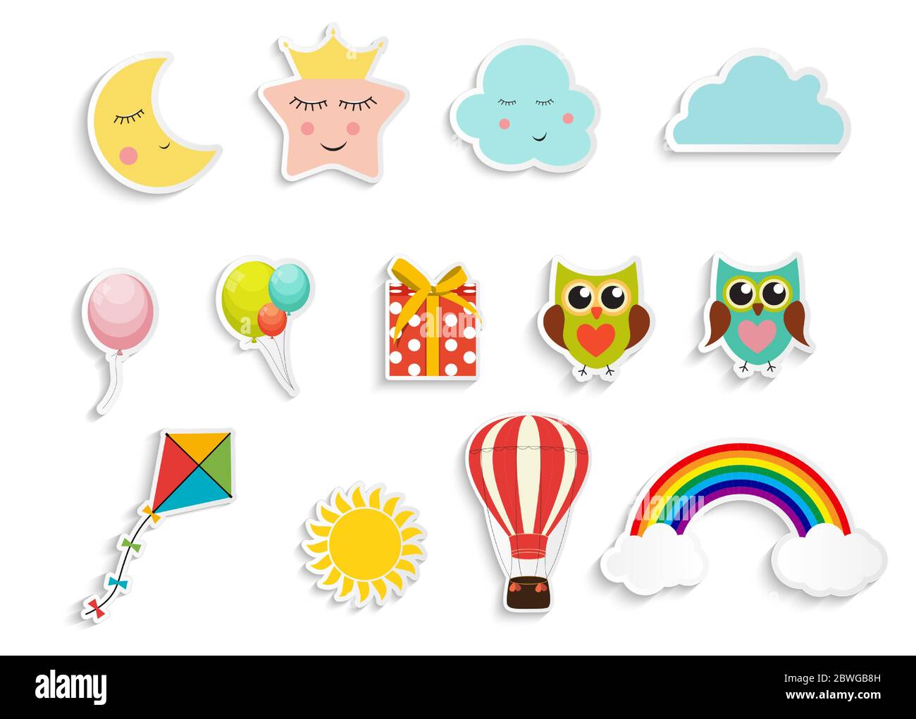 Autocollants pour enfants avec ballons, boîte cadeau hibou, étoile, nuage, coffret de cerf-volant Illustration vectorielle Illustration de Vecteur