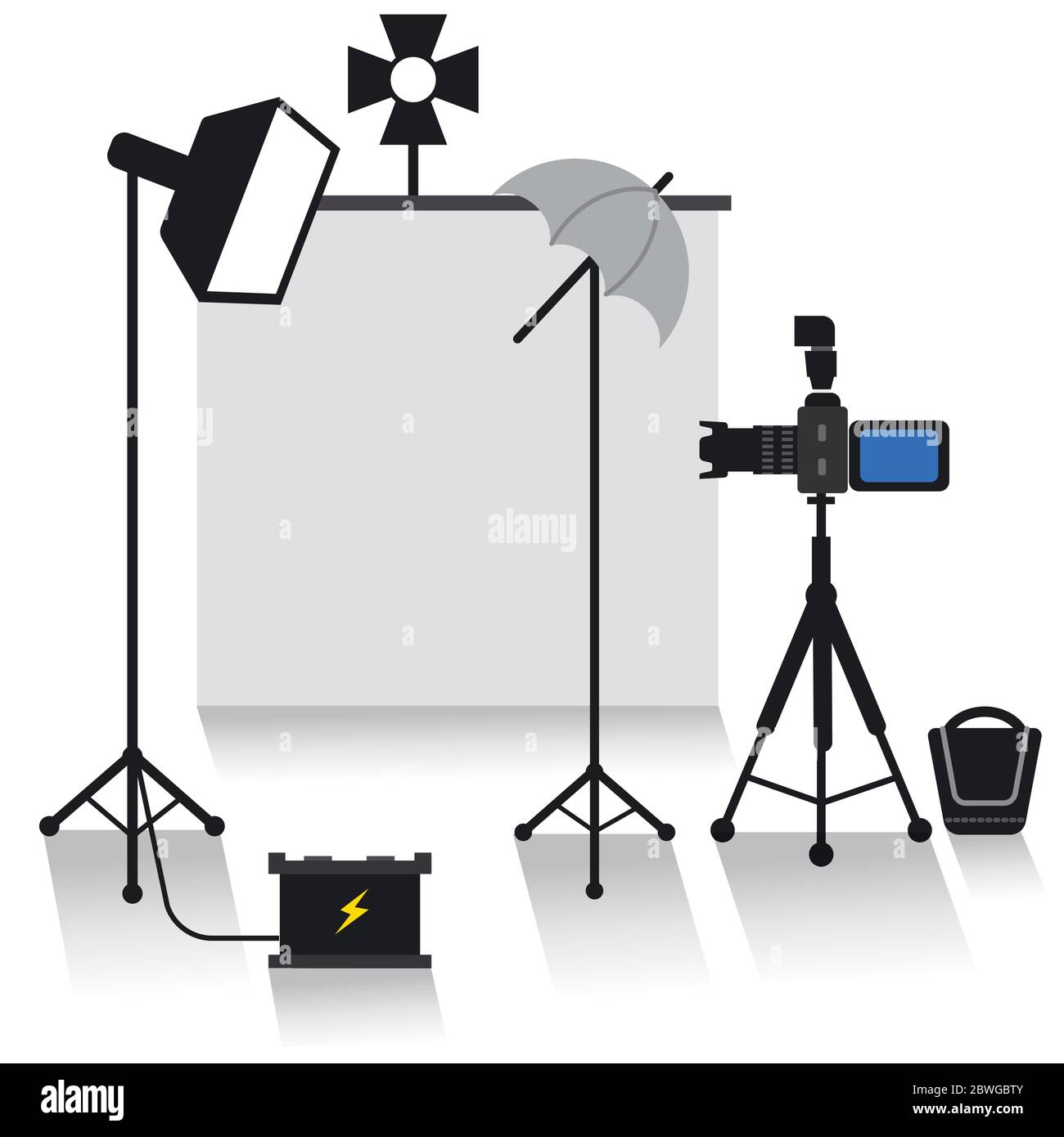 icône de l'équipement photo studio, ensemble d'équipement photo, appareil photo, lumière, écran et batterie Illustration de Vecteur