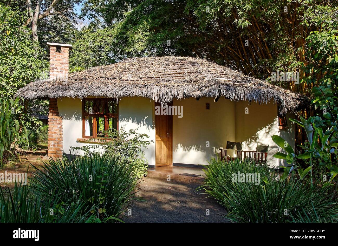 Guest cottage, toit de chaume, arbres, cheminée en briques, petit porche, chaises, voyage, Moi Varo Lodge, Arusha, Tanzanie, Afrique Banque D'Images