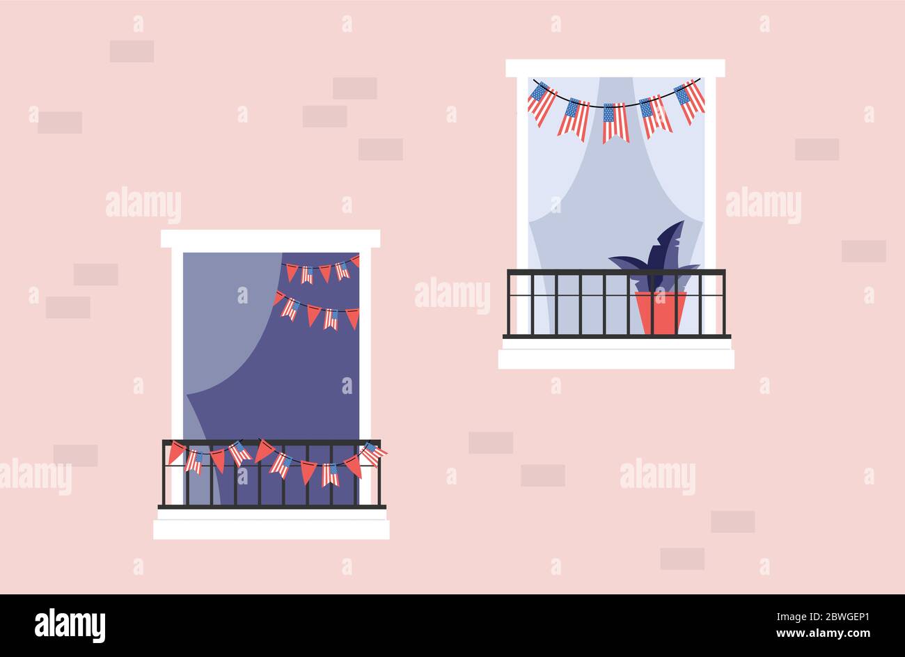 Célébration de la journée de l'indépendance de l'amérique à la maison . fête du 4 juillet. maison décorée avec drapeaux des etats-unis avec fenêtre ouverte Illustration de Vecteur