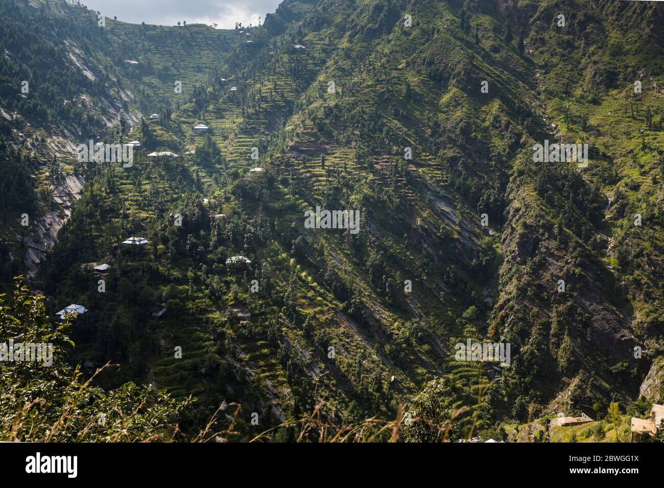 Impressionnant, maisons locales et terrain en terrasse escarpé à la falaise, Elum montagne trekking, Swat, province de Khyber Pakhtunkhwa, Pakistan, Asie du Sud, Asie Banque D'Images