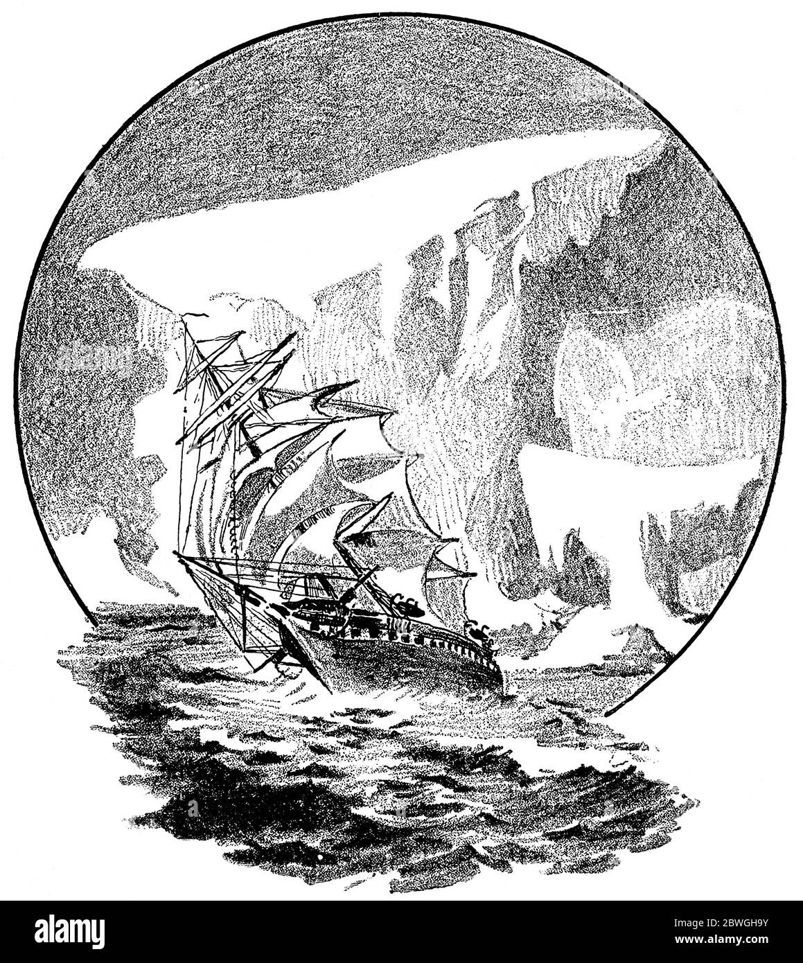 Navire et iceberg. Illustration du XIXe siècle. Fond blanc. Banque D'Images