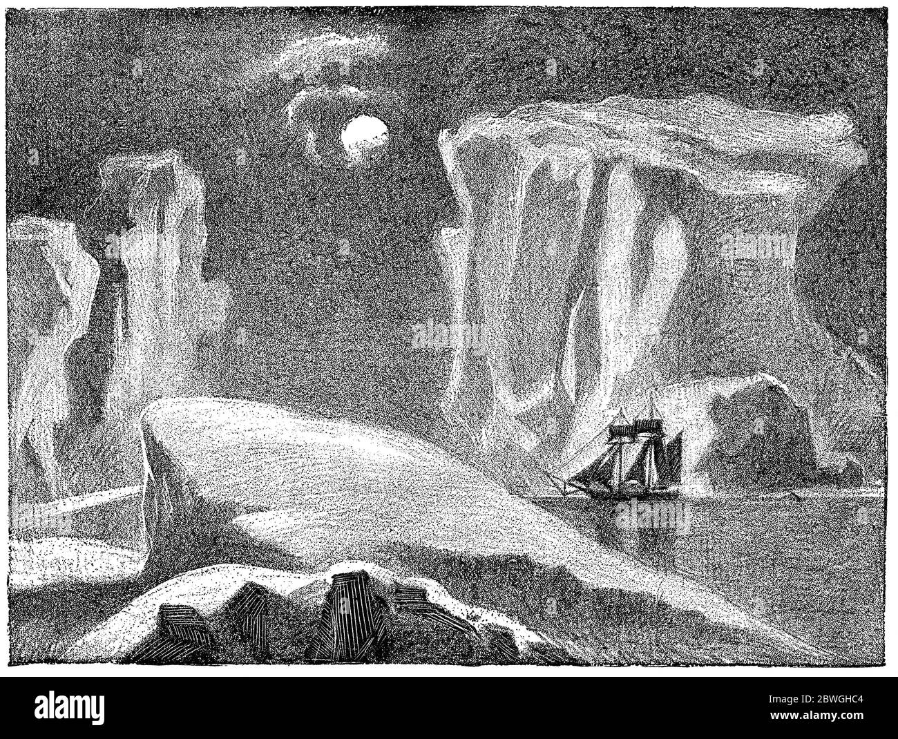 Bateau dans des icebergs sous la lune polaire. Illustration du XIXe siècle. Fond blanc. Banque D'Images