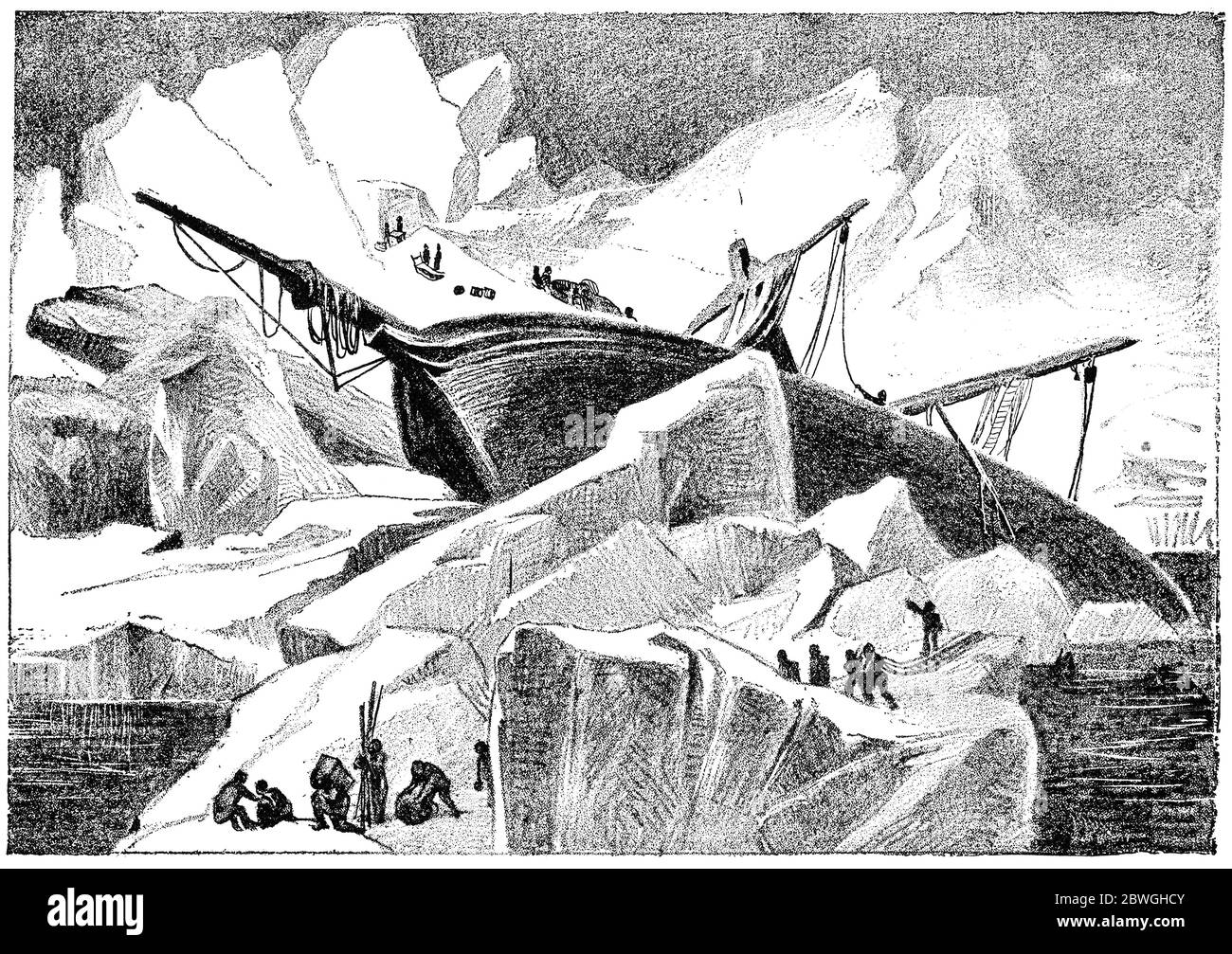 Le navire d'approvisionnement, le Hansa, dans la glace à la mi-septembre 1869. Illustration du XIXe siècle. Fond blanc. Banque D'Images