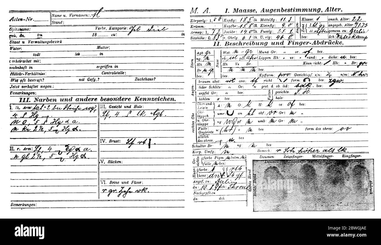 Formulaire anthropométrique pour l'enregistrement d'un détenu dans un poste de police. Illustration du XIXe siècle. Fond blanc. Banque D'Images