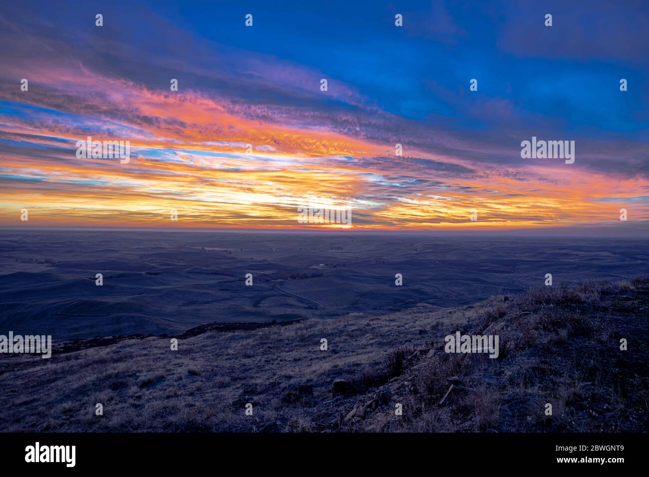 Washington State Palouse Fields en automne au coucher du soleil Banque D'Images