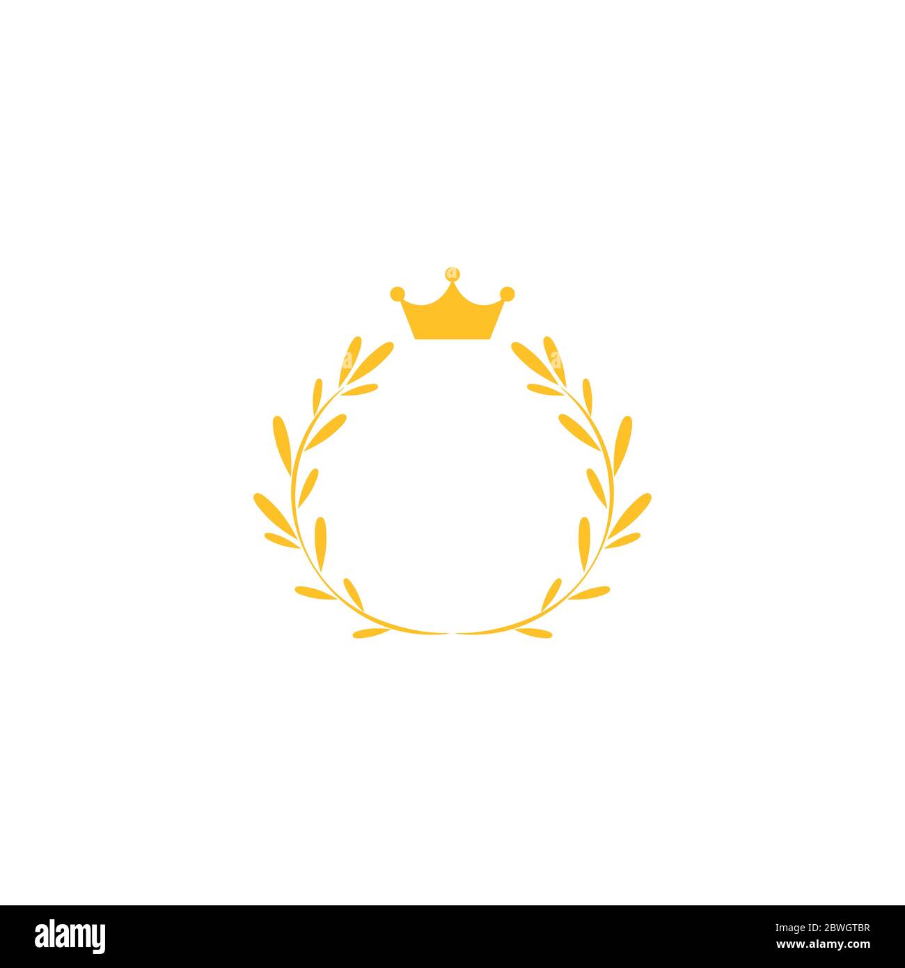 Couronne dorée à l'emblème de la couronne. Illustration vectorielle plate isolée sur blanc. Étiquette gagnante en brindilles avec feuilles vertes. Logo Victory. Première place Illustration de Vecteur