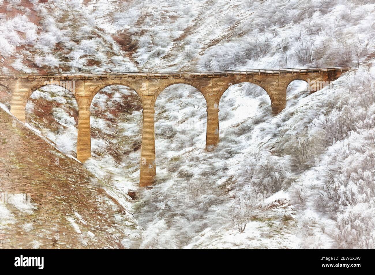 Vieux pont dans les montagnes enneigées peinture colorée, Iran Banque D'Images