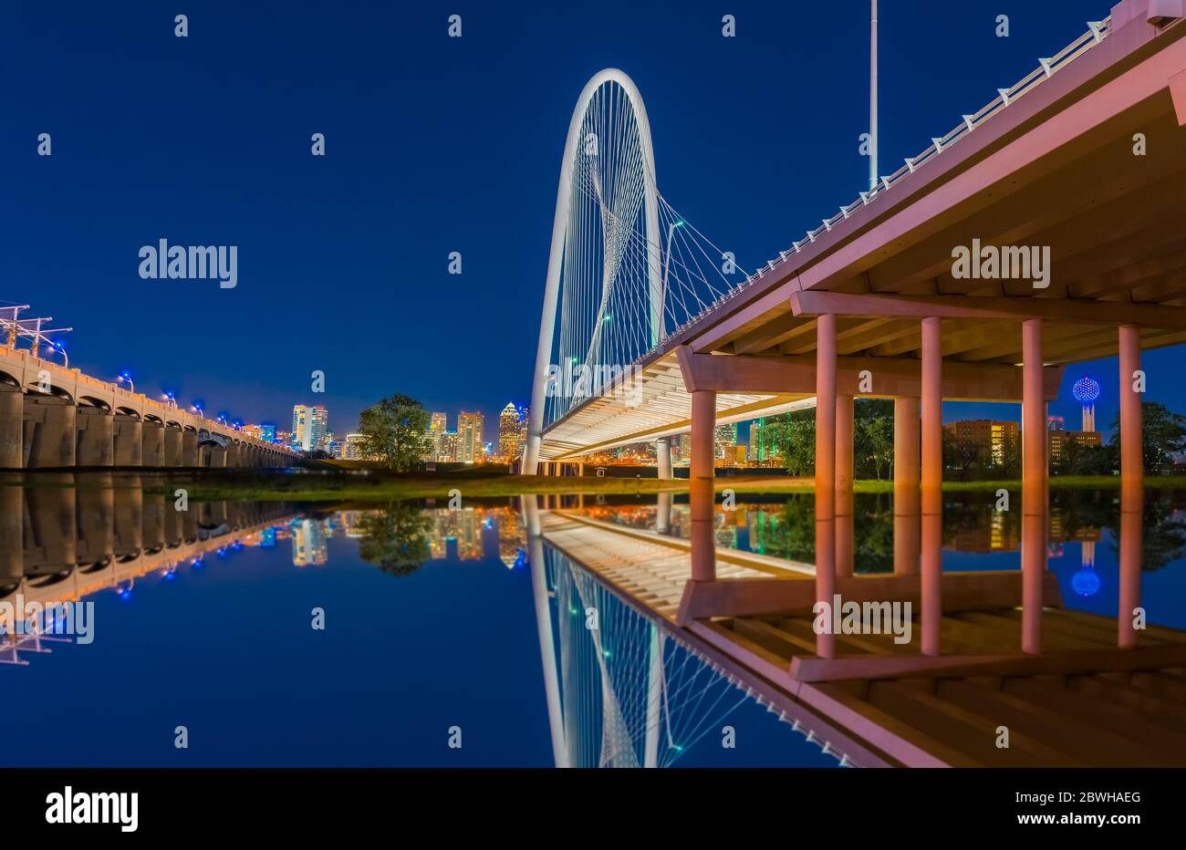 Les lumières de nuit remplissent le ciel et se reflètent dans l'eau sous le pont à Dallas, Texas. Banque D'Images