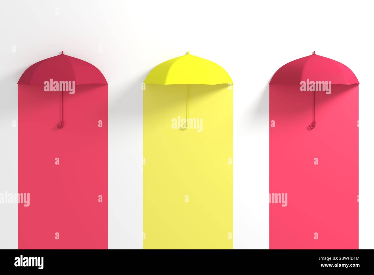 Parapluie jaune flottant parmi le parapluie rouge sur fond blanc. Concept 3D idée créative. Banque D'Images