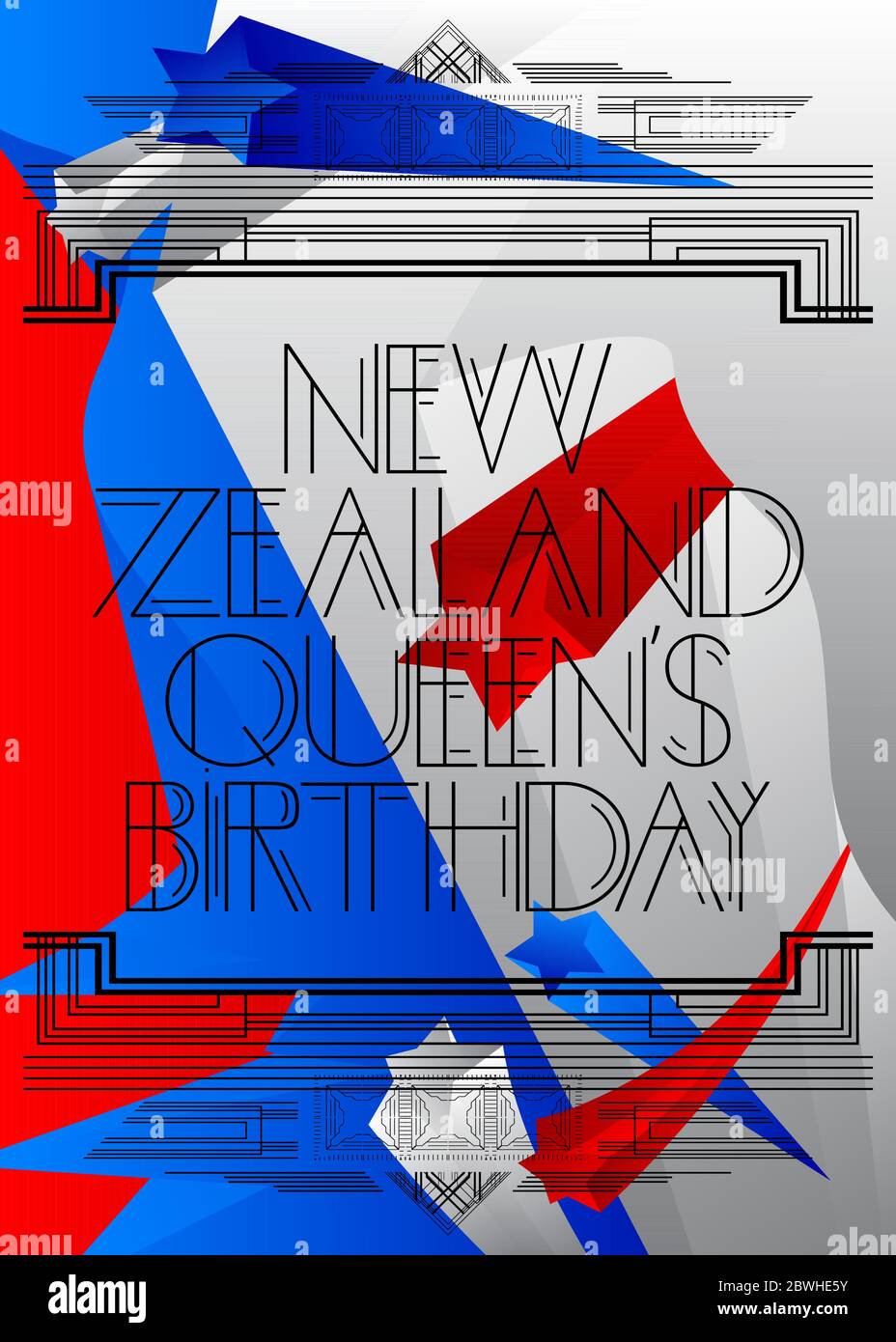 Texte Art Deco New Zealand Queen's Birthday (1er juin). Carte de voeux décorative, panneau avec lettres vintage. Illustration de Vecteur