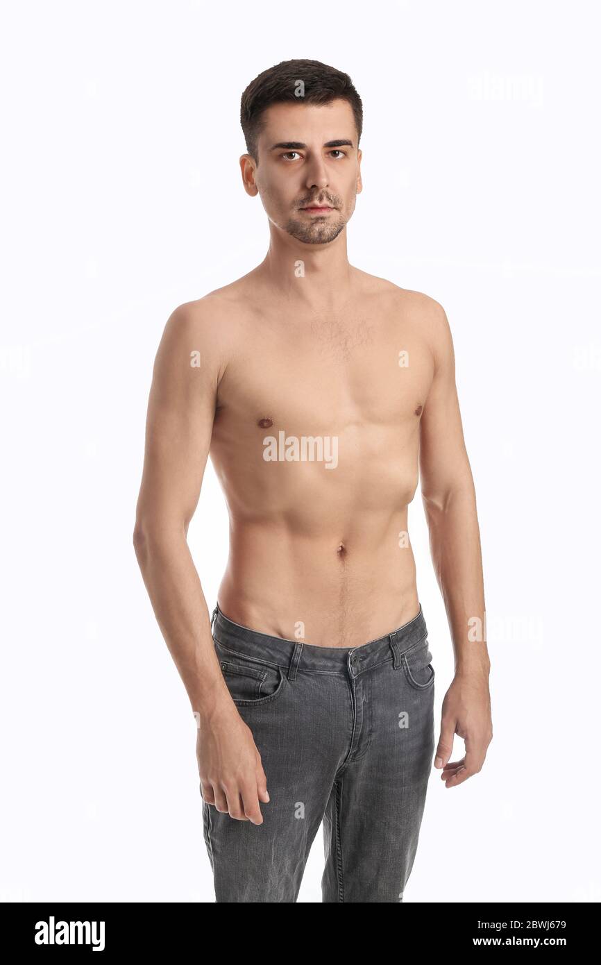 Jeune homme avec anorexie sur fond blanc Photo Stock - Alamy