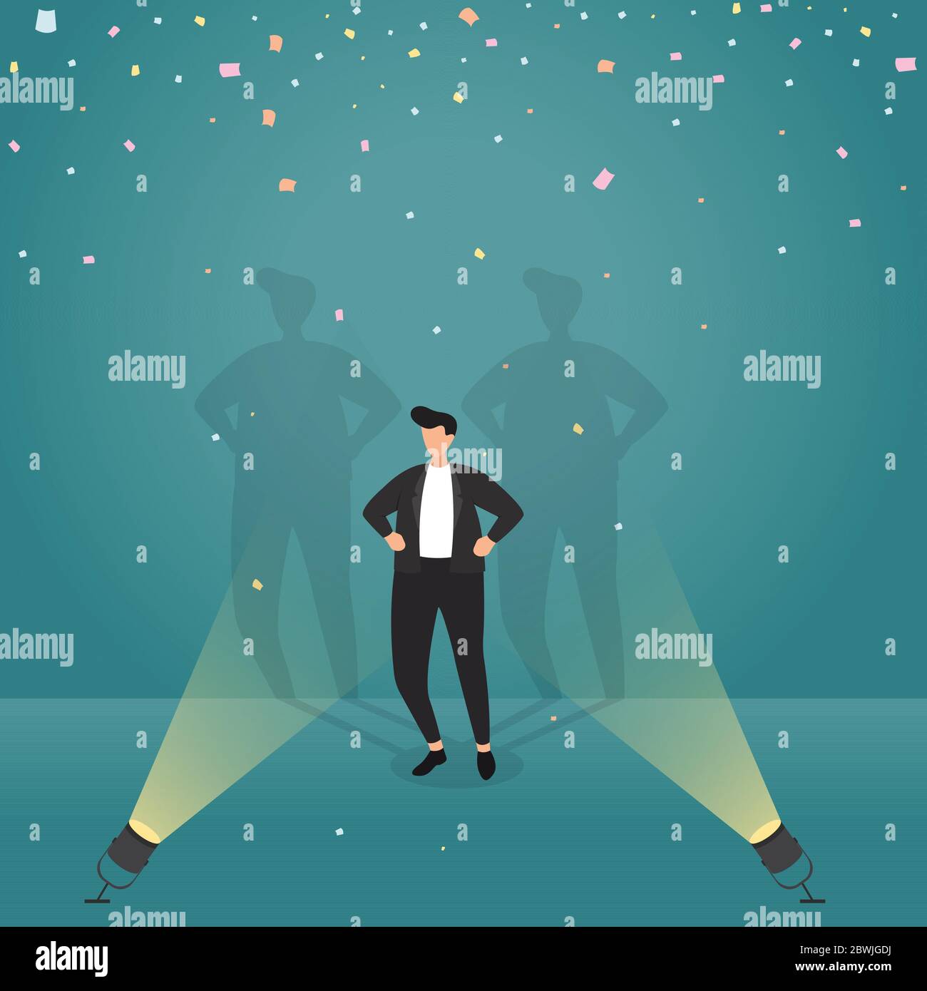 Homme d'affaires prospère confiant avec Spotlight Confetti Business concept Illustration Illustration de Vecteur