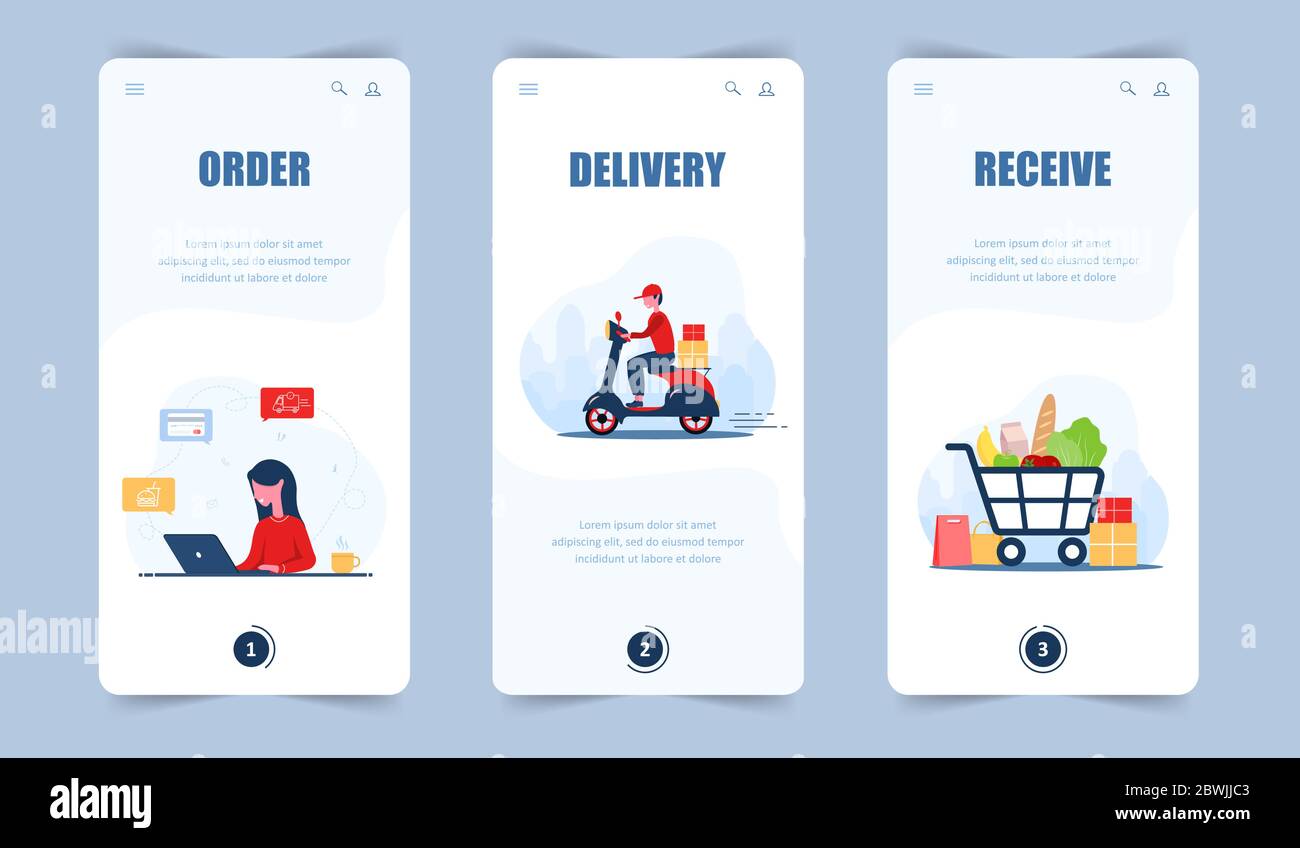 Commande de nourriture en ligne. Livraison d'épicerie. Application mobile et page d'arrivée. Une boutique de femme dans un magasin en ligne. Messagerie rapide sur le scooter. Panier Illustration de Vecteur