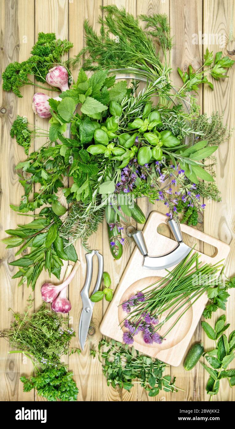 Herbes et légumes sur fond de bois. Basilic, persil, menthe, thym, ciboulette, ail Banque D'Images