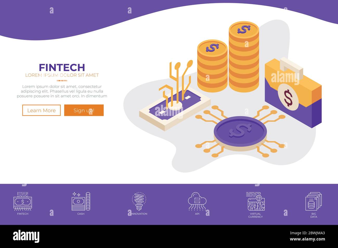 Modèle de conception Web Fintech (technologie financière) pour page d'arrivée, bannière de site Web ou illustration imprimée Illustration de Vecteur