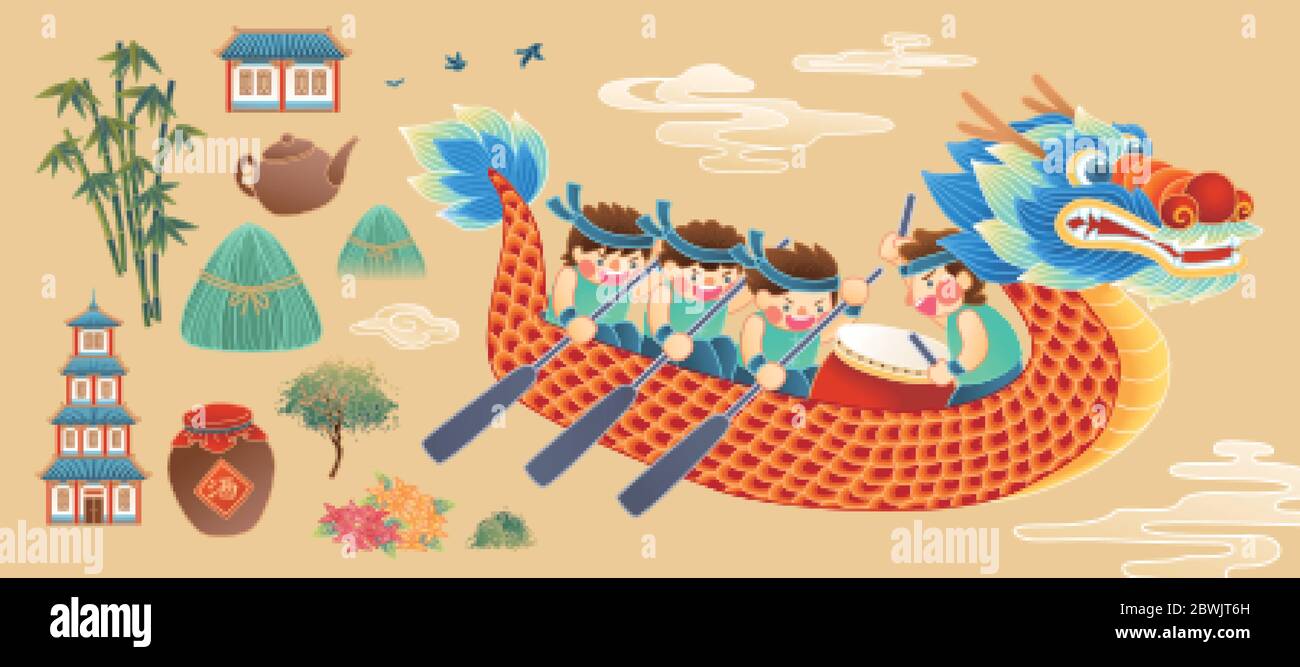 Éléments pour le festival de bateau dragon dans un style plat, isolé sur fond jaune Illustration de Vecteur