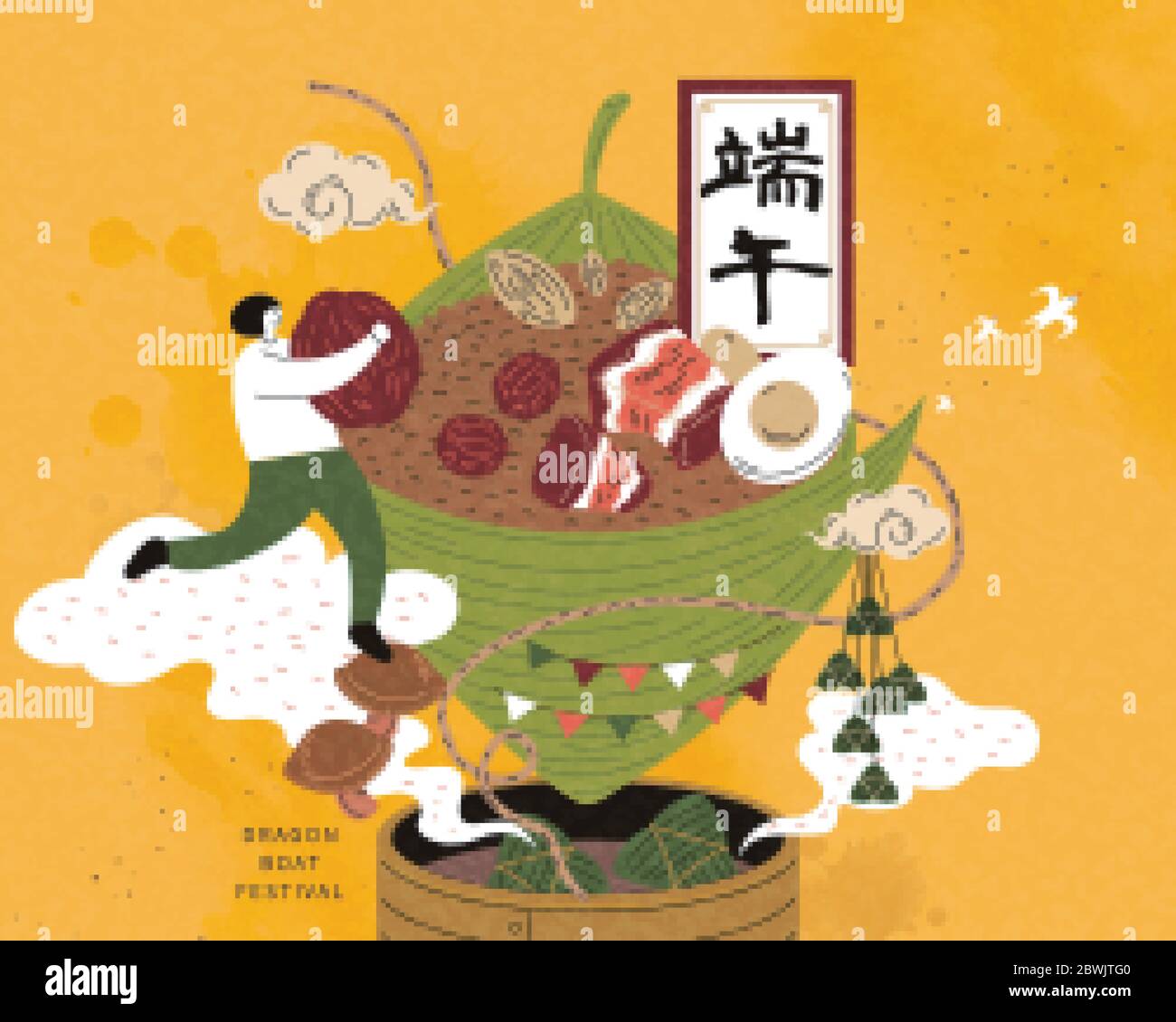 Fille miniature tenant des dates et vers le riz géant boulant sur le bateau à vapeur de bambou, Dragon festival de bateau écrit en calligraphie chinoise Illustration de Vecteur