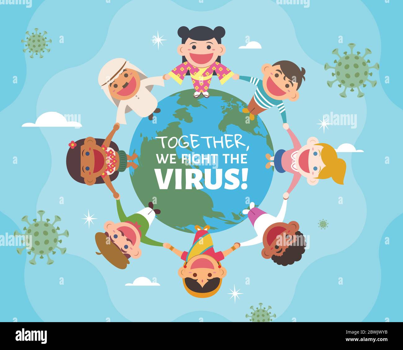 Des enfants multiculturels du monde entier se tenant ensemble sur la planète Terre et tenant les mains, concept de combattre le virus ensemble Illustration de Vecteur
