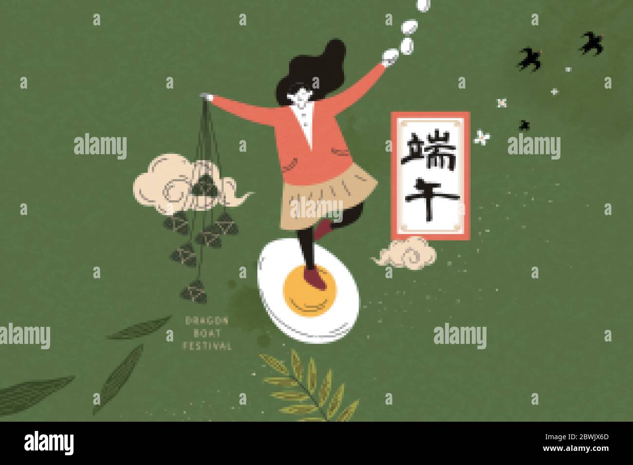 Fille debout sur l'oeuf avec ses mains tenant zongzi et oeufs sur fond vert, Duanwu nom de vacances écrit en chinois mots Illustration de Vecteur