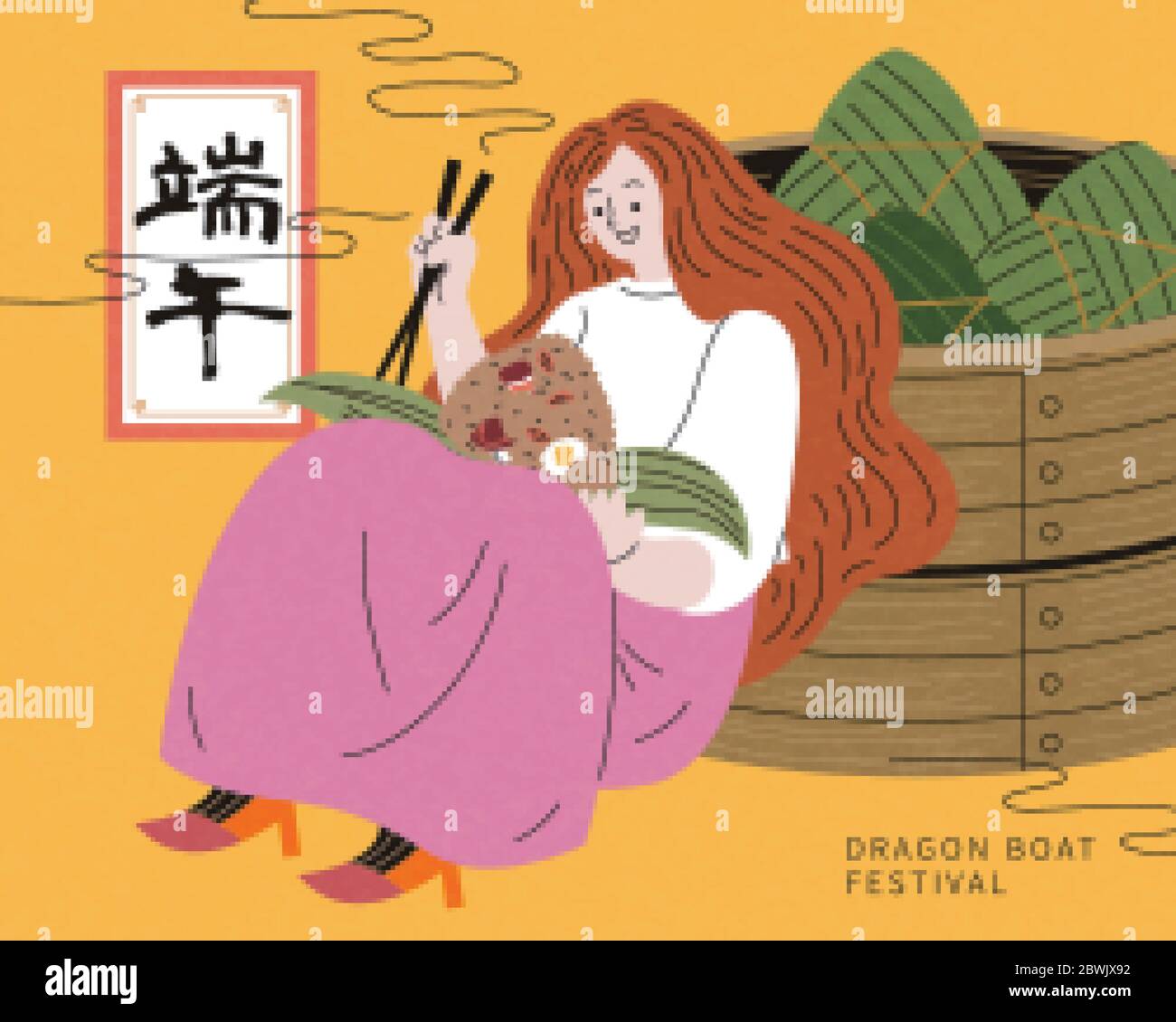 Fille appréciant délicieux zongzi avec des baguettes et se penchant sur des steamers de bambou, Duanwu nom de vacances écrit en chinois mots Illustration de Vecteur