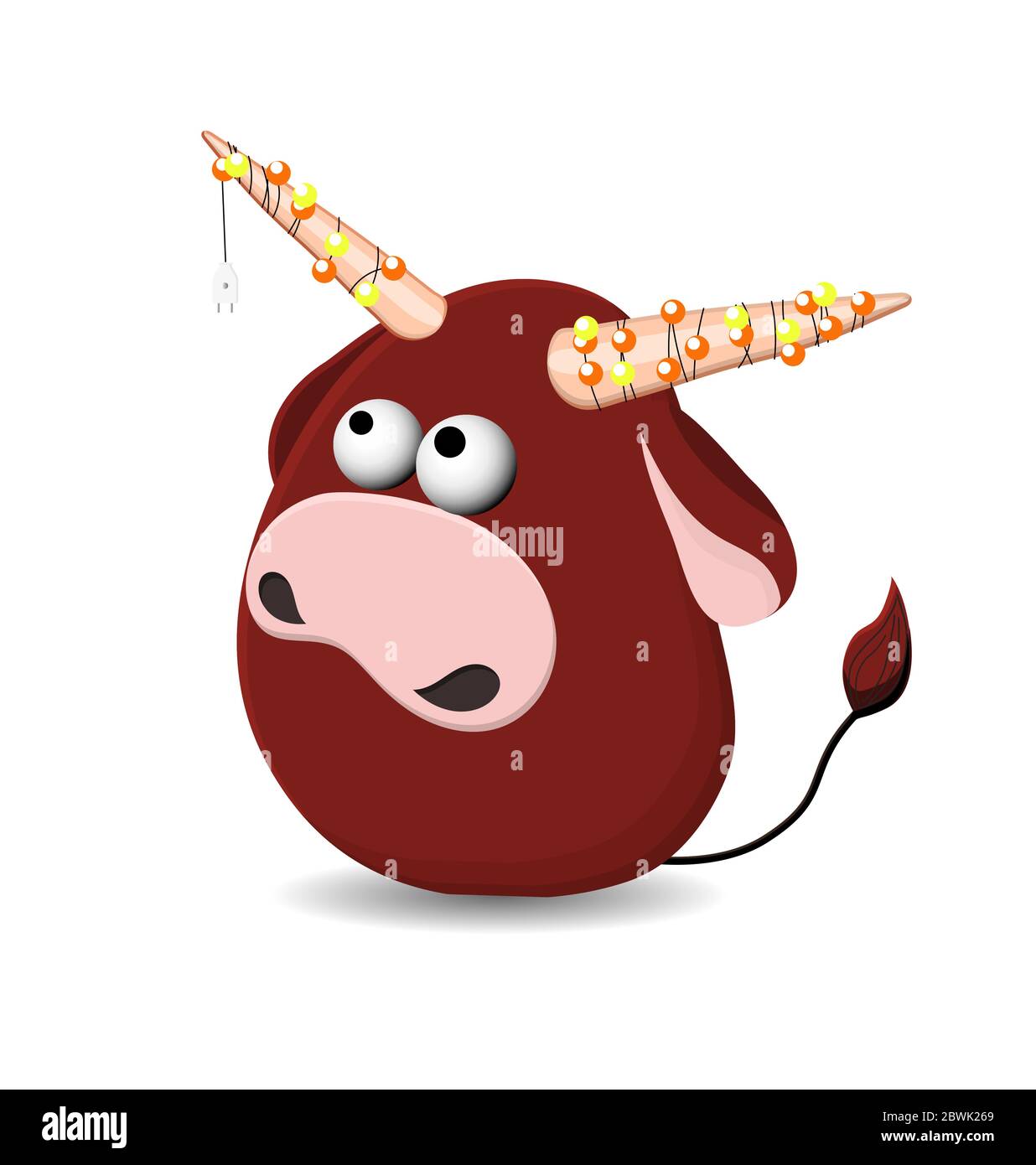 Bull drôle isolé sur fond blanc. 2021 ANNÉE du taureau. Buffalo, la vache. Carte du nouvel an. Garland est festif. Caractère avec des cornes. Joyeux nouveau Illustration de Vecteur