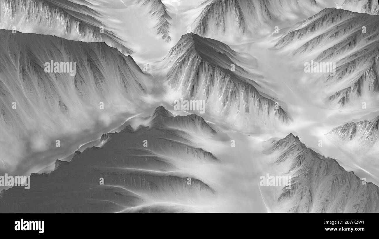 Illustration monochrome 3D du relief du paysage de montagne Banque D'Images