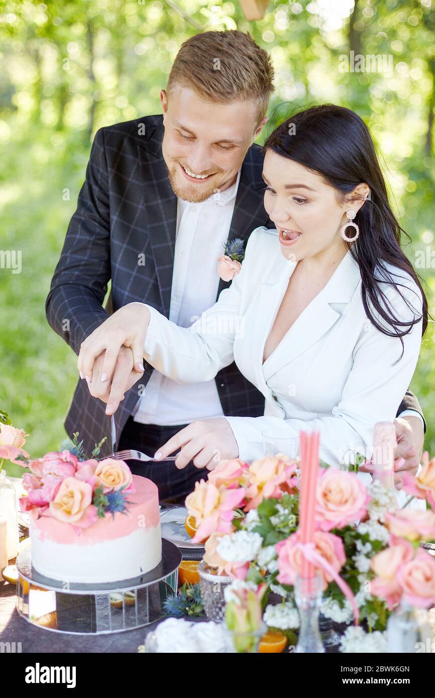 Pique-nique de mariage élégant avec gâteau et champagne Banque D'Images