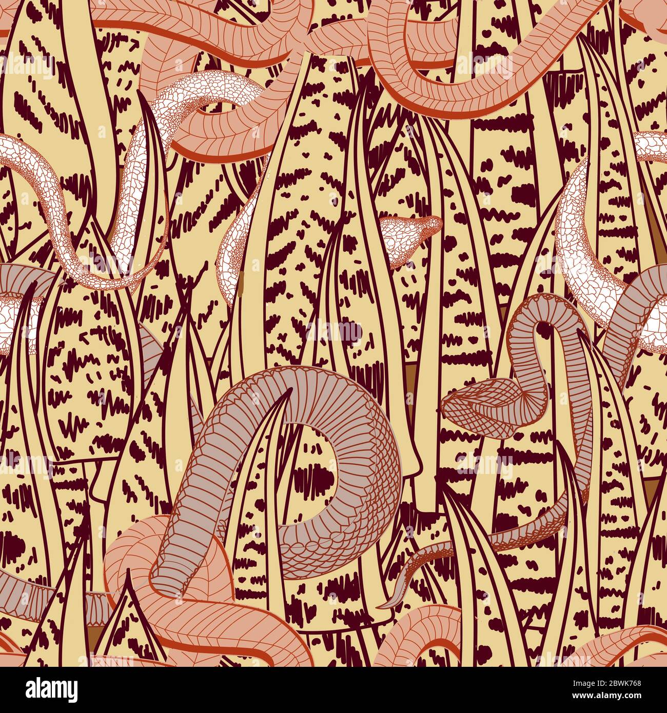 Motif tropical exotique avec serpents. Attenante, amphibie. COULEUR OLIVE. Kaki. Usine de Sansevieria Illustration de Vecteur