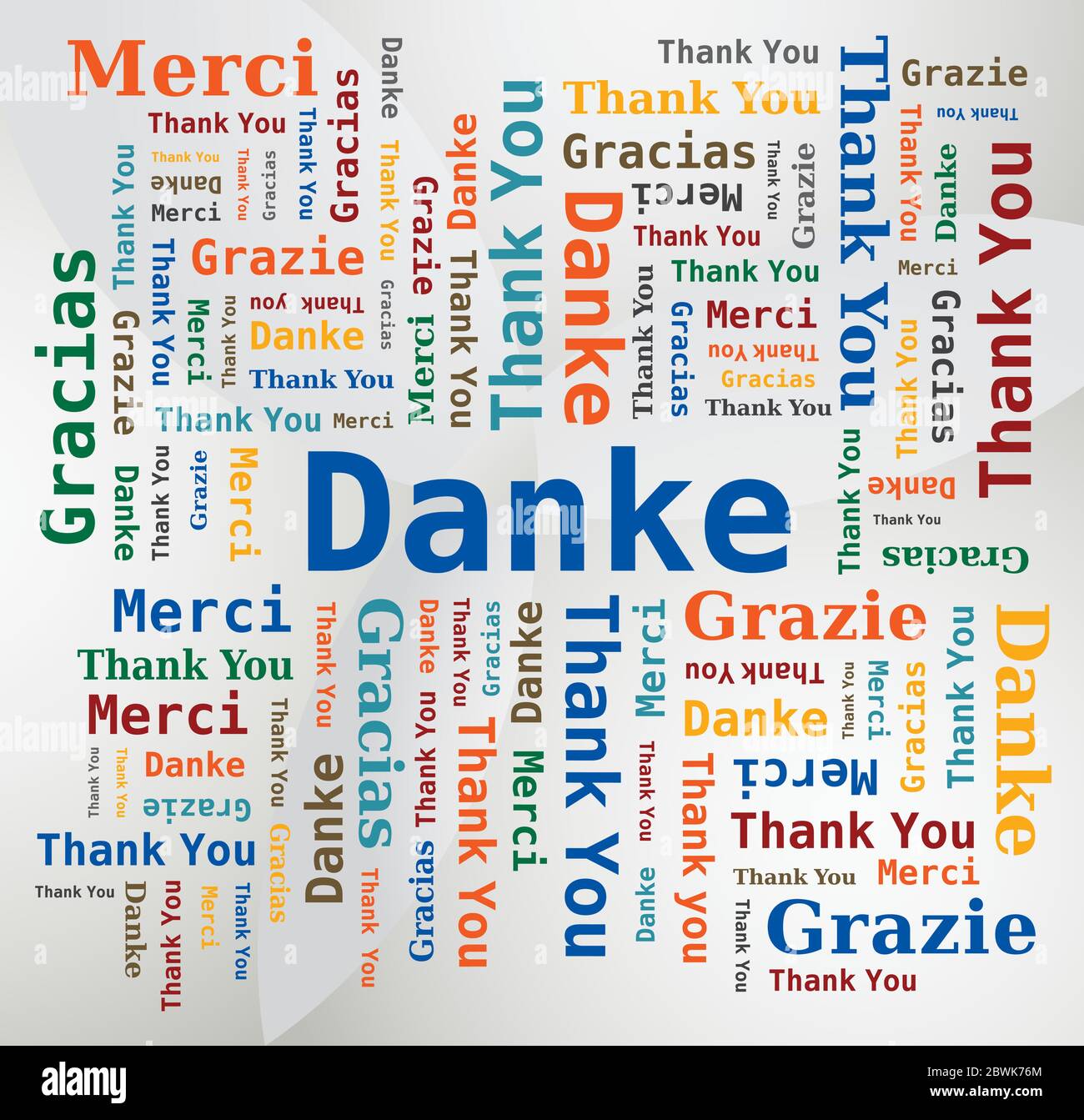 Word Cloud - Merci en 5 langues - Anglais, Français, Allemand, Espagnol et Italien. Lettres multicolores et différentes orientations Illustration de Vecteur