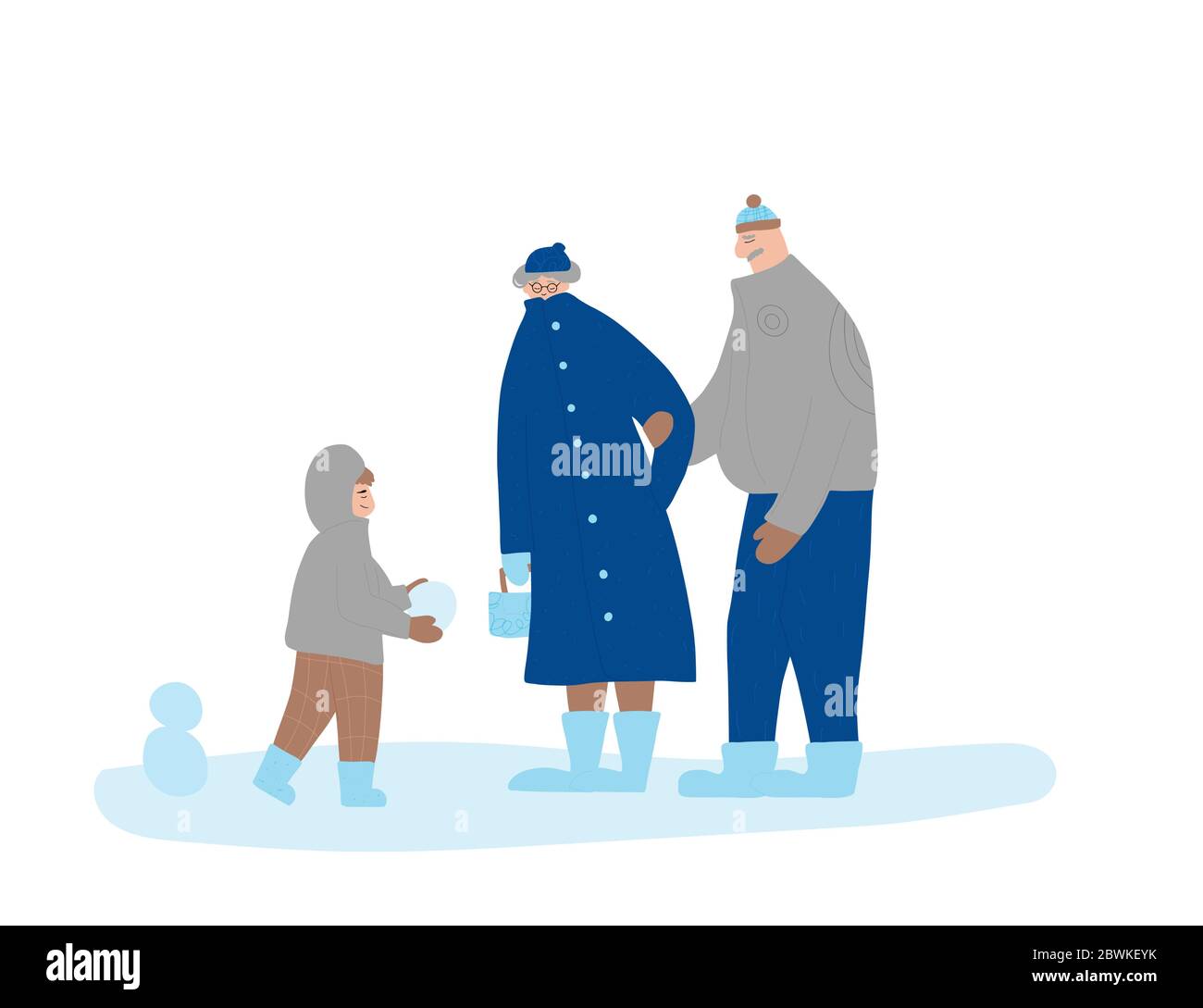 Marche en famille en hiver. Grand-père, grand-mère et petit-fils debout ensemble. Des personnes heureuses vêtues de vêtements chauds et tendance. Garçon remet le tapis Illustration de Vecteur