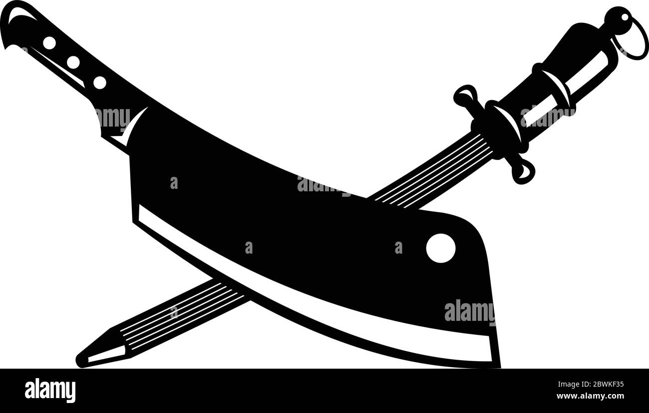 Illustration de style rétro avec coupe de bois d'un couteau de boucher croisé ou d'un couteau à viande et d'un affûteur outil d'affûtage de couteau à tige en acier sur fond isolé Illustration de Vecteur
