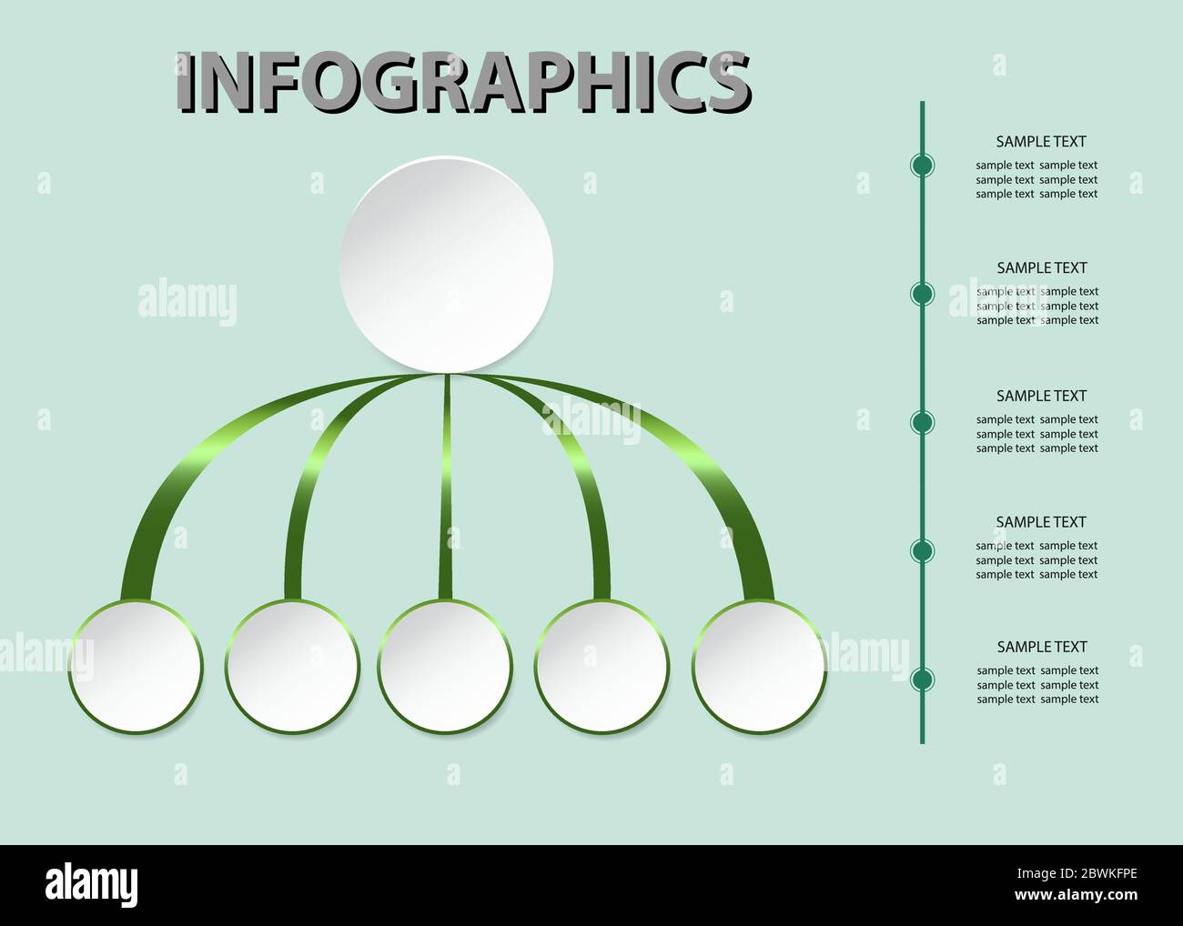 Organigramme infographique avec cinq étiquettes de cercle et chronologie prête pour votre texte. Illustration de Vecteur