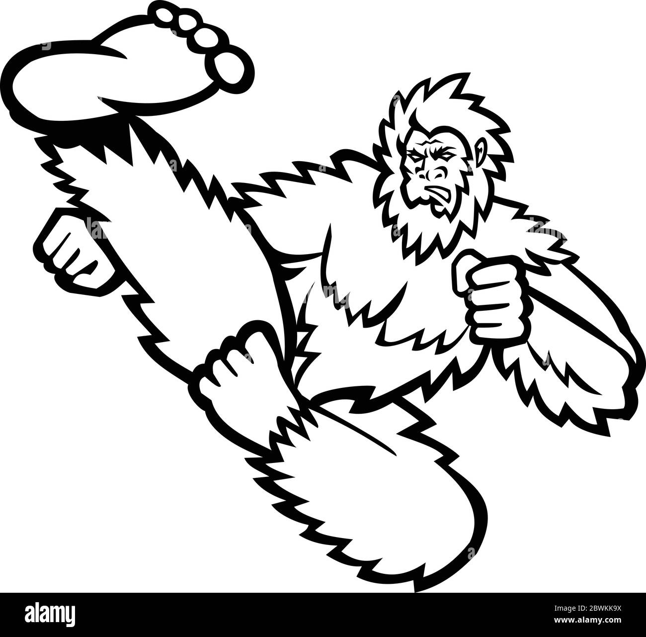 Mascotte illustration d'un Bigfoot ou Sasquatch, une créature comme une cape poilue, faisant un coup de pied de taukwondo Martial arts et donnant sur le backgroun isolé Illustration de Vecteur