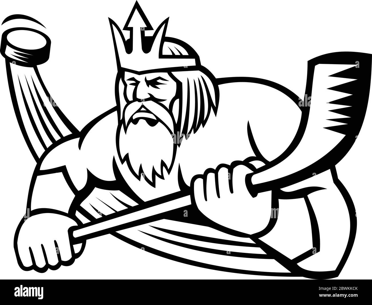 Mascotte illustration de Poséidon ou Neptune, dieu de la mer dans la mythologie grecque et romaine, jouant au hockey tenant bâton de hockey sur glace avec vue sur moi Illustration de Vecteur