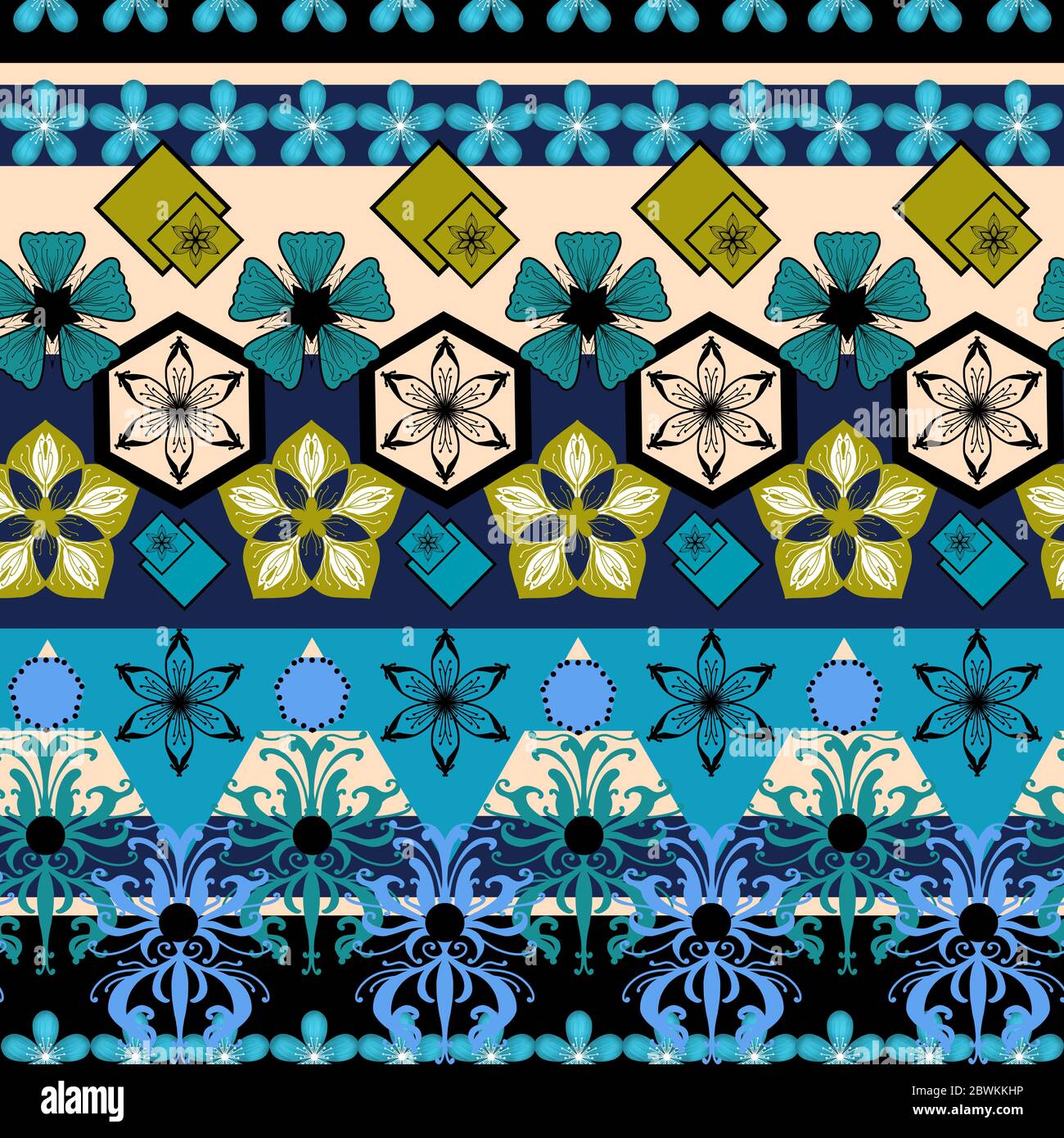Motif coloré saturé de formes et de fleurs dans les couleurs bleu, beige et or. Motif sans coutures. Banque D'Images