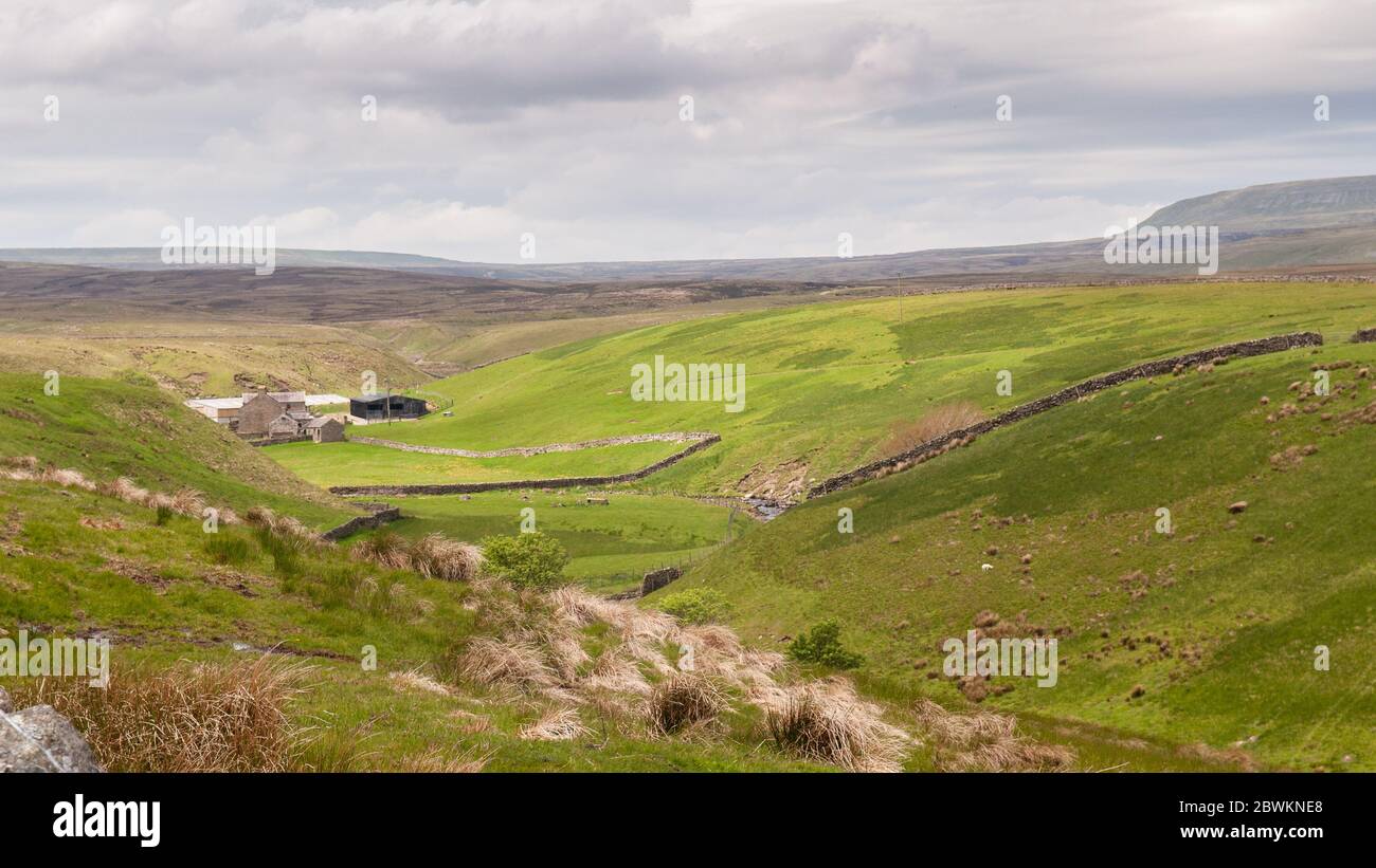 Teesdale, Angleterre, Royaume-Uni - 25 mai 2011 : une ferme et des granges sont nichées dans une vallée à Lune Head à Teesdale, dans les hautes collines de la lande du N d'Angleterre Banque D'Images