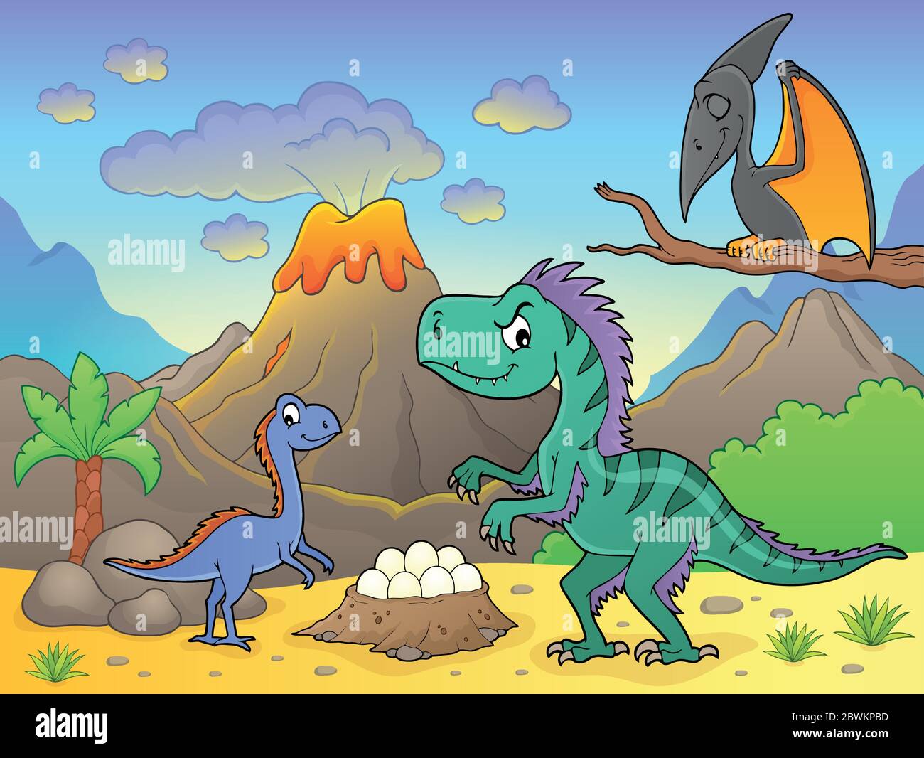 Dinosaures près du volcan image 2 - illustration vectorielle eps10. Illustration de Vecteur