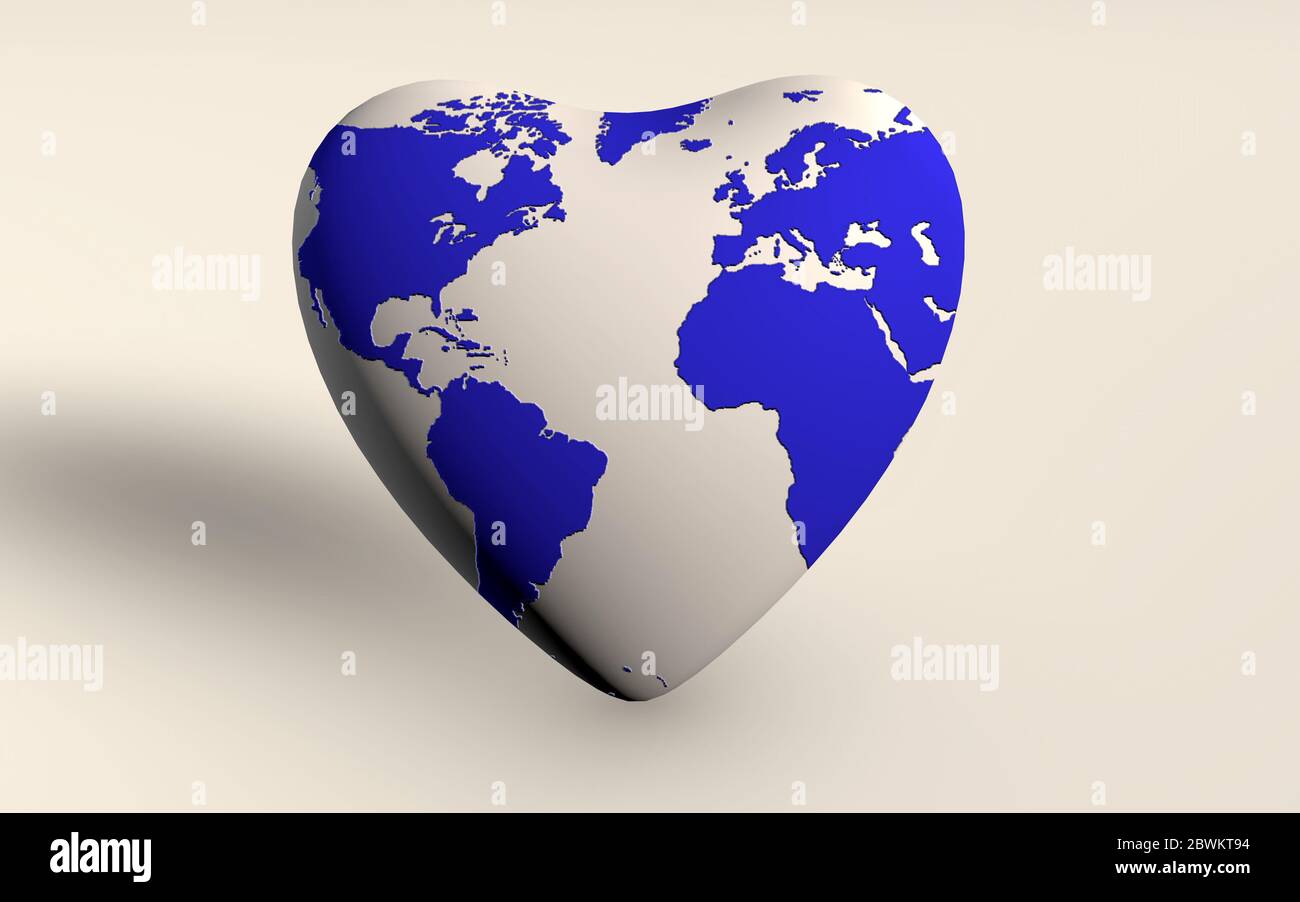 Le globe terrestre en forme de coeur avec une carte du monde bleue. Sauver la Terre, garder la planète en sécurité, Environnement, nature, concept. Rendu 3D isolé sur wh Banque D'Images