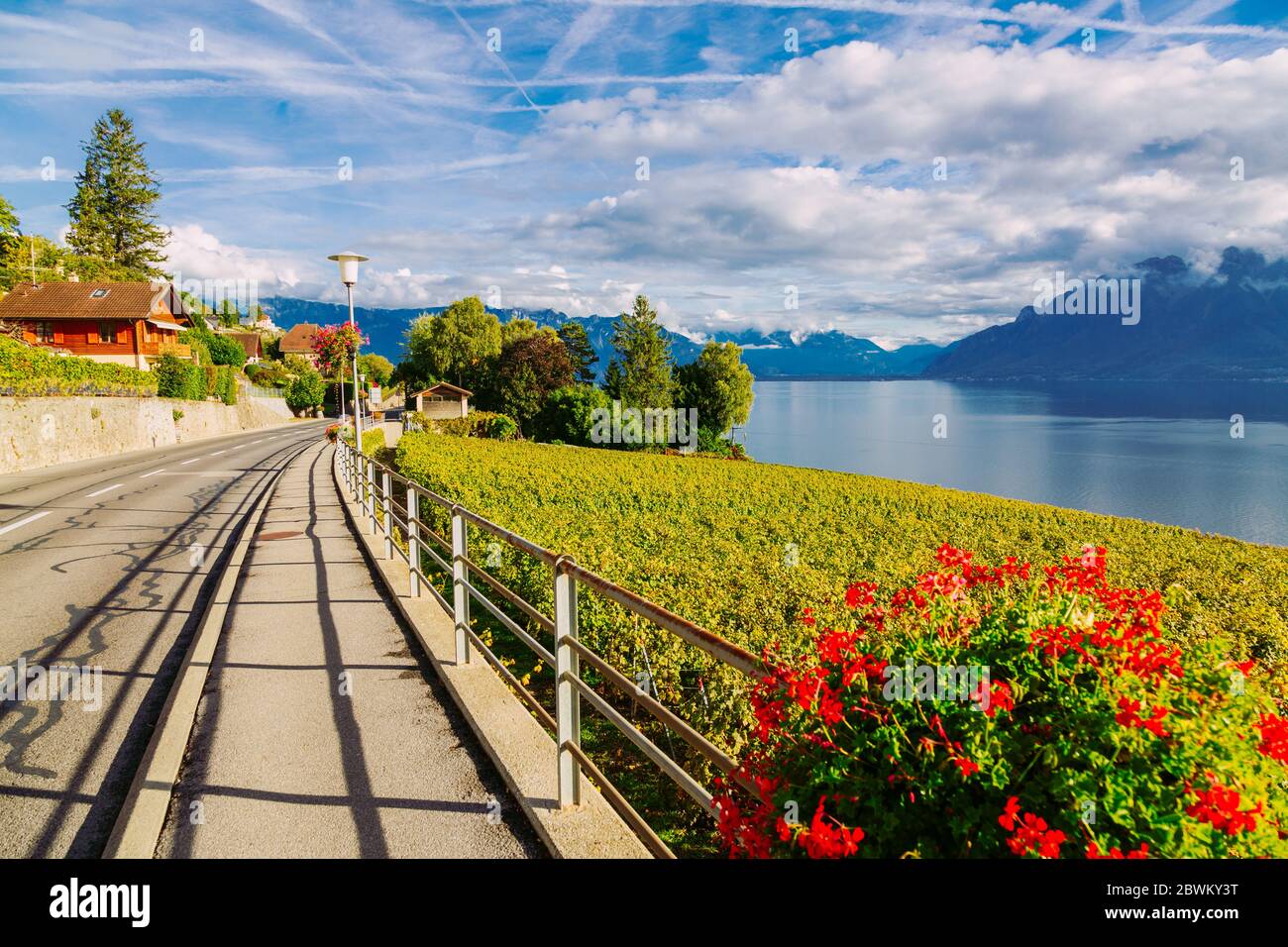 Lavaux, Suisse: Autoroute au-dessus du lac Léman parmi les vignobles de Lavaux dans le canton de Vaud Banque D'Images