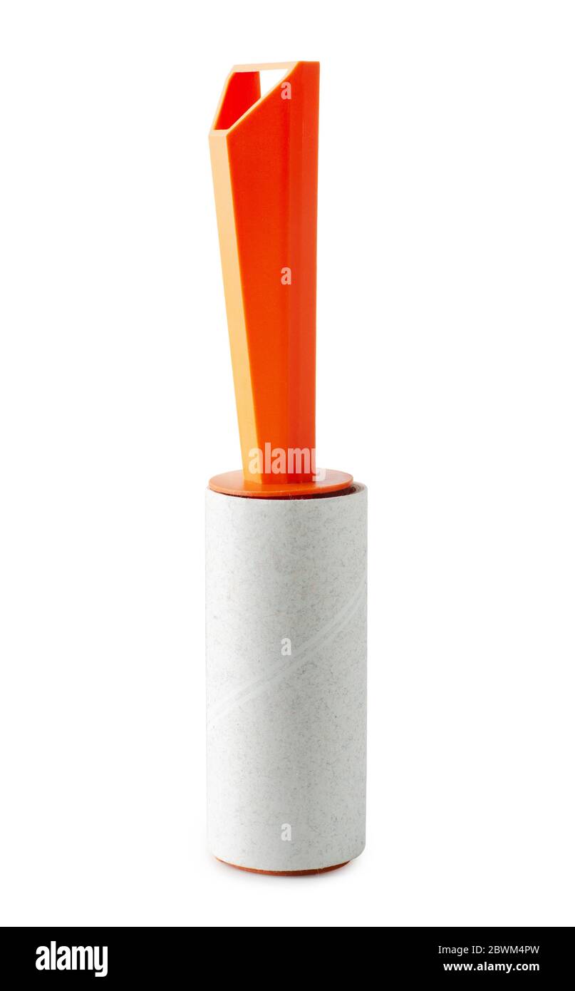 Rouleau adhésif pour le nettoyage des vêtements en fourrure d'animaux et des cheveux isolés sur fond blanc Banque D'Images