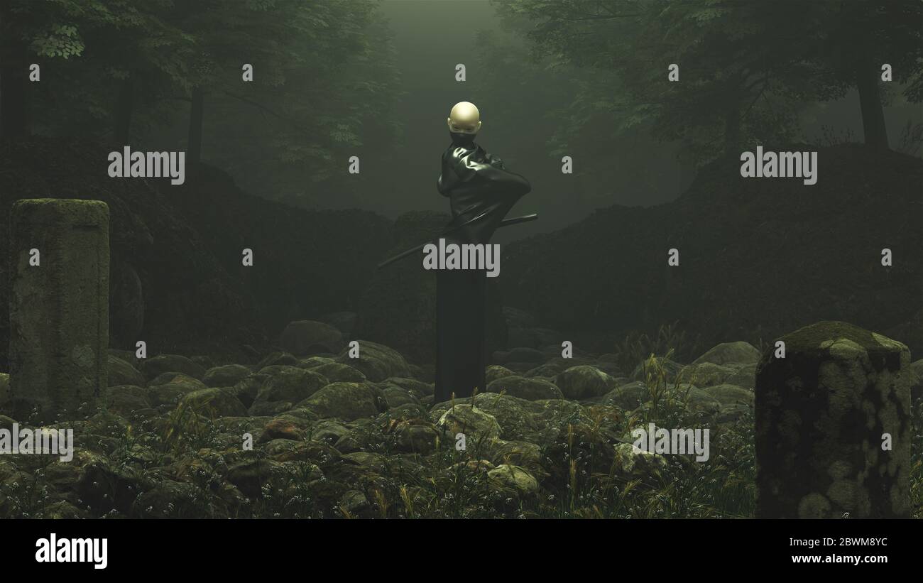 Black futuriste Samurai Daemon debout dans Rocky Forest Clearing avec 2 pierres tombales Swords 3d illustration rendu 3d Banque D'Images