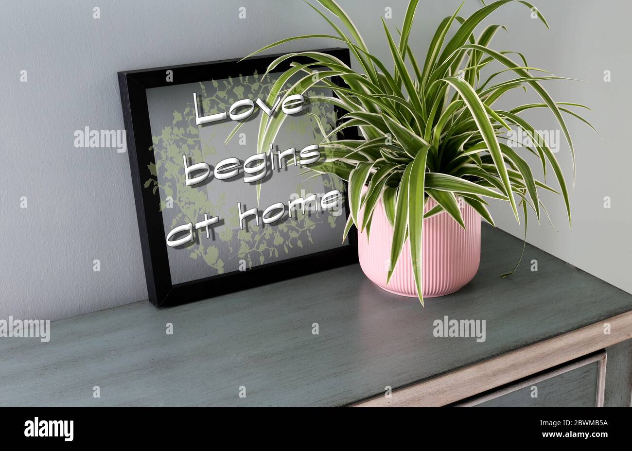 Citation de signe l'amour commence à la maison sur le fond de cadre noir et  l'intérieur de la plante d'origine. Amour, concept de famille Photo Stock -  Alamy