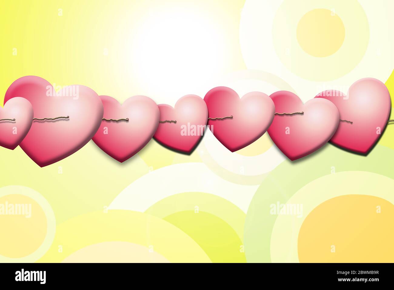 Bordure horizontale des objets de vacances icônes de coeurs roses accrochées sur corde sur fond jaune. Saint Valentin heureux, mariage, concept d'amour Banque D'Images